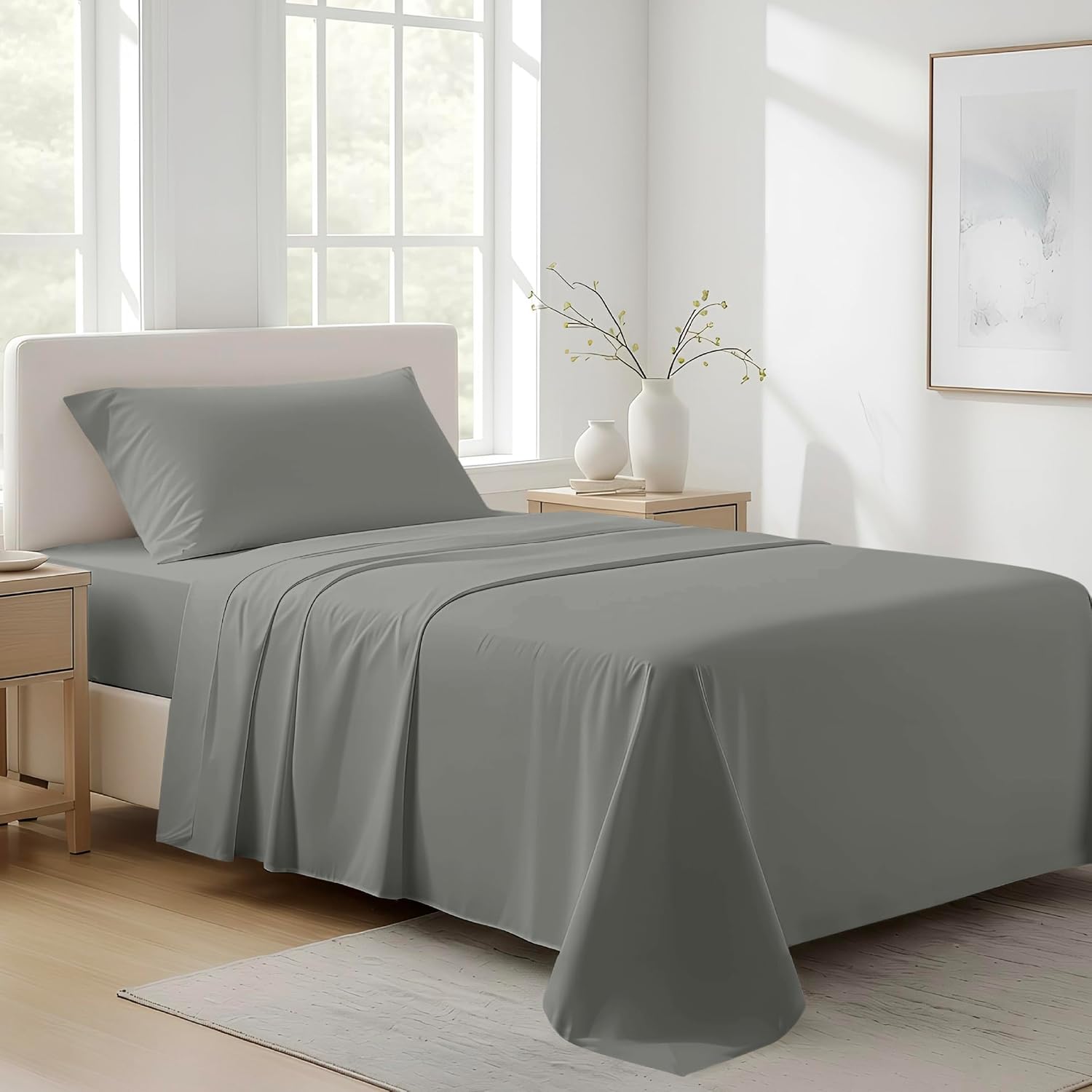 AshtonSheets 100% Organic Cotton Sheets Twin XL Size - Organic Cotton Twin XL Size Percale Weave Sheet Set (3 PC, Dark Grey), Soft, Cooling…