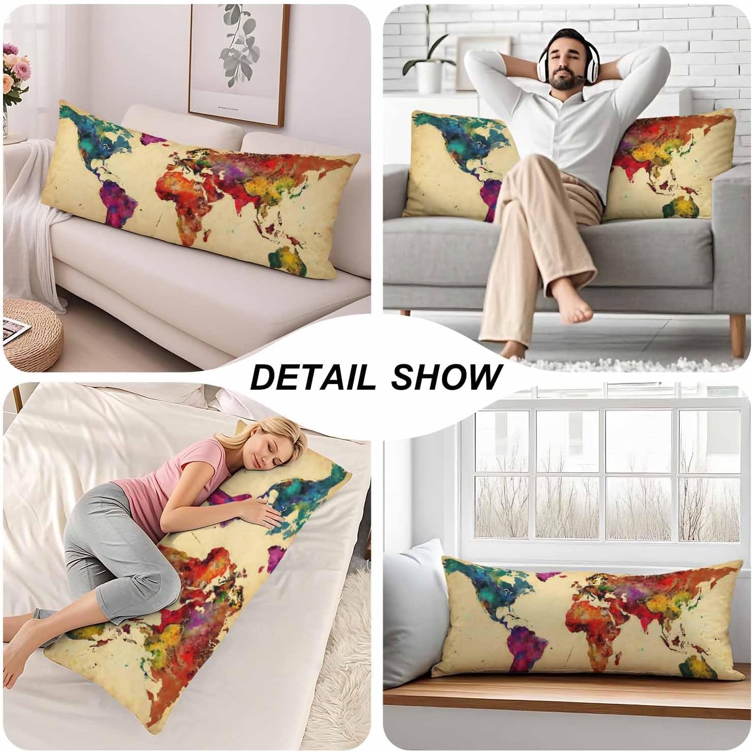 World Map Body Pillow Pillowcase, Retro World Map Colorful Body Pillow Cushion Cover, 20x54 Inch Lumbar Pillow Cover Large Pillow…