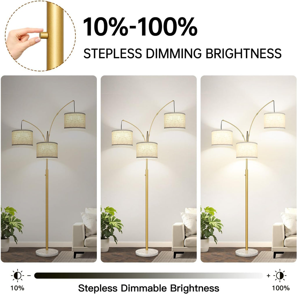 Dimmable 3 Lights Arc Floor Lamp, Modern Tall Standing Tree Lamp with Gold Pole, White Linen Shades & Solid Marble Base, 3000LM Warm…