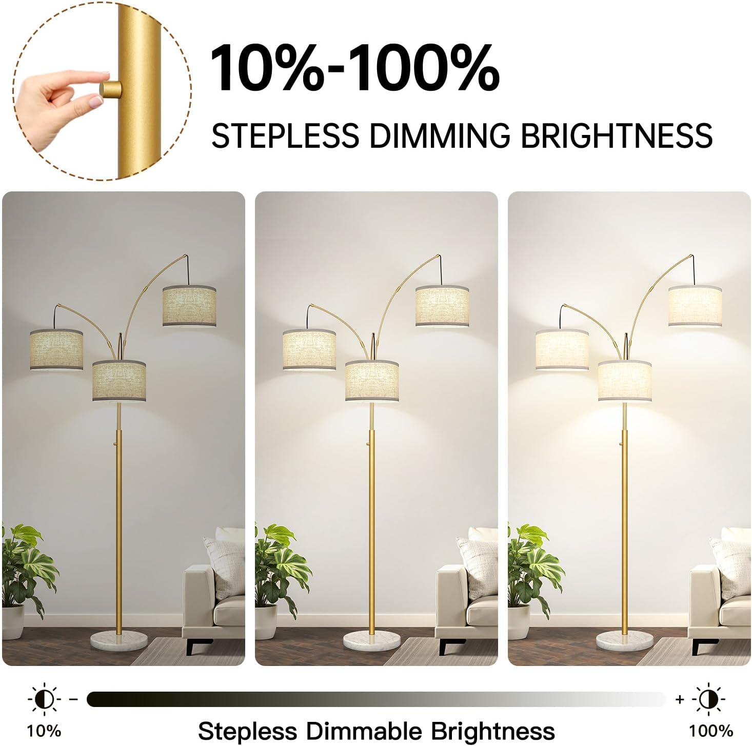 Dimmable 3 Lights Arc Floor Lamp, Modern Tall Standing Tree Lamp with Gold Pole, White Linen Shades & Solid Marble Base, 3000LM Warm…