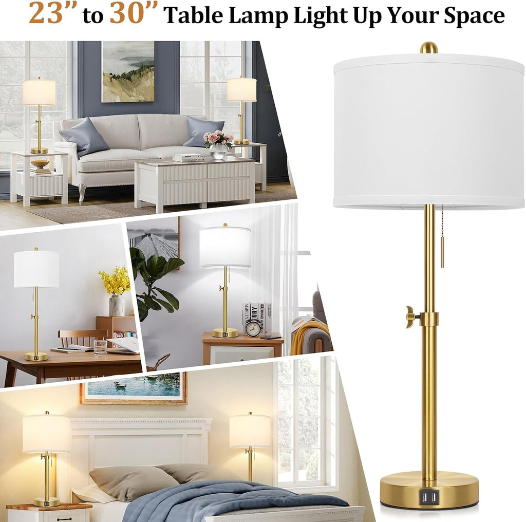 Kondras Table Lamp Set of 2, Bedside Lamp with 2 USB Ports, Gold Tall Table Lamp for Living Room End Tables, 23" to 30" Height Adjustable…
