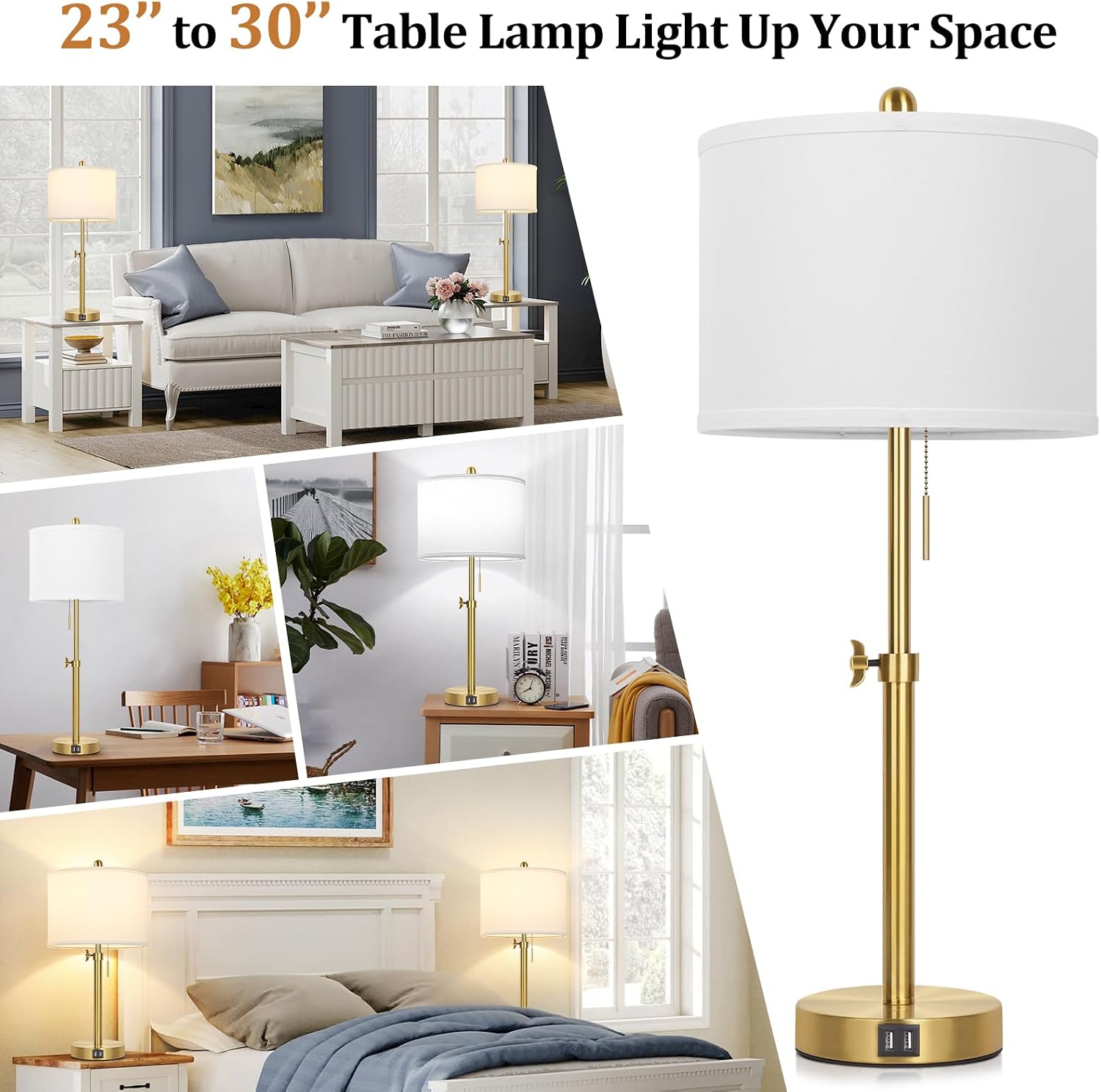 Kondras Table Lamp Set of 2, Bedside Lamp with 2 USB Ports, Gold Tall Table Lamp for Living Room End Tables, 23" to 30" Height Adjustable…