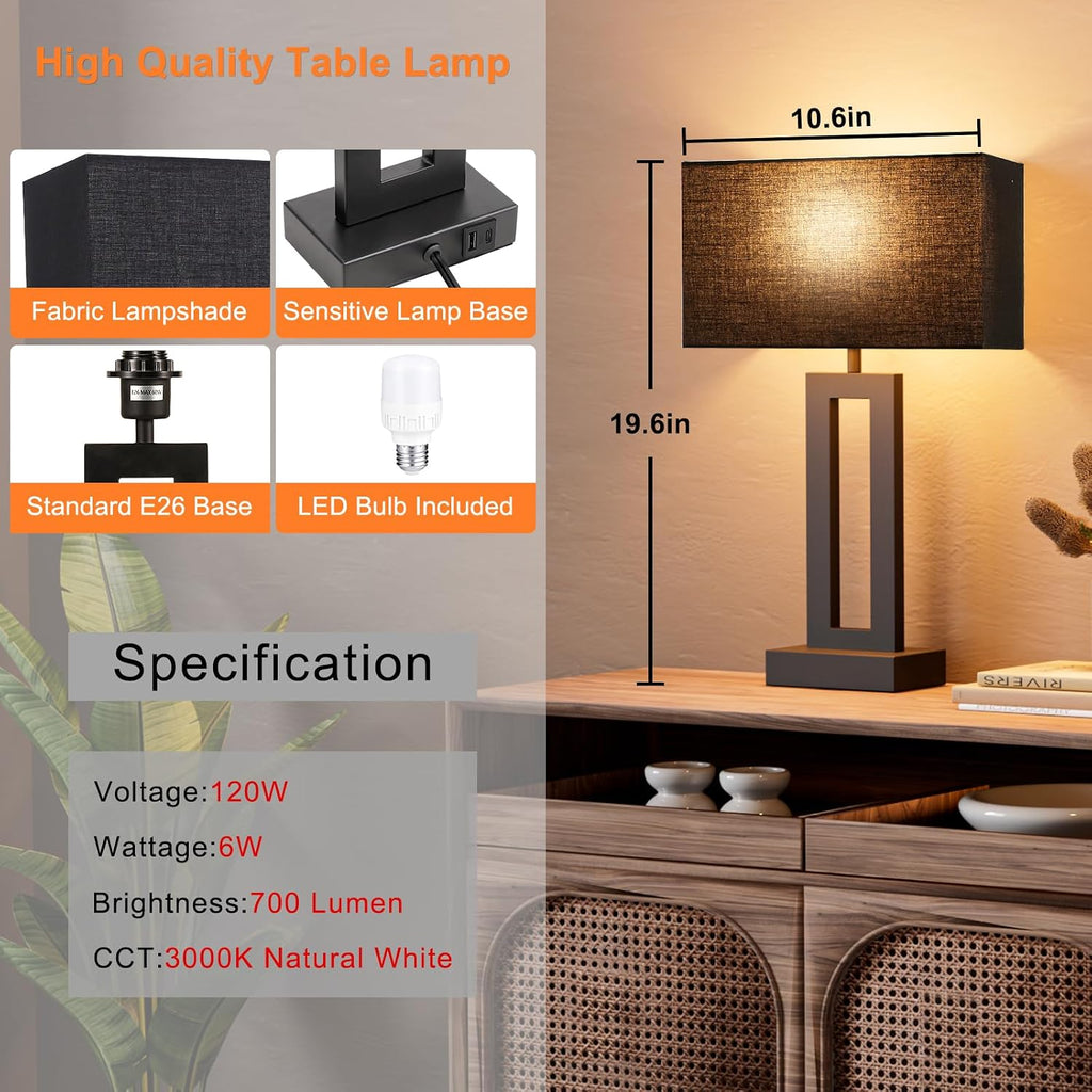 Seealle Nightstand Table Lamps for Bedrooms Set of 2 - Touch Bedside Lamp with USB C+A, 3 Way Dimmable Living Room End Tables 2, Modern…