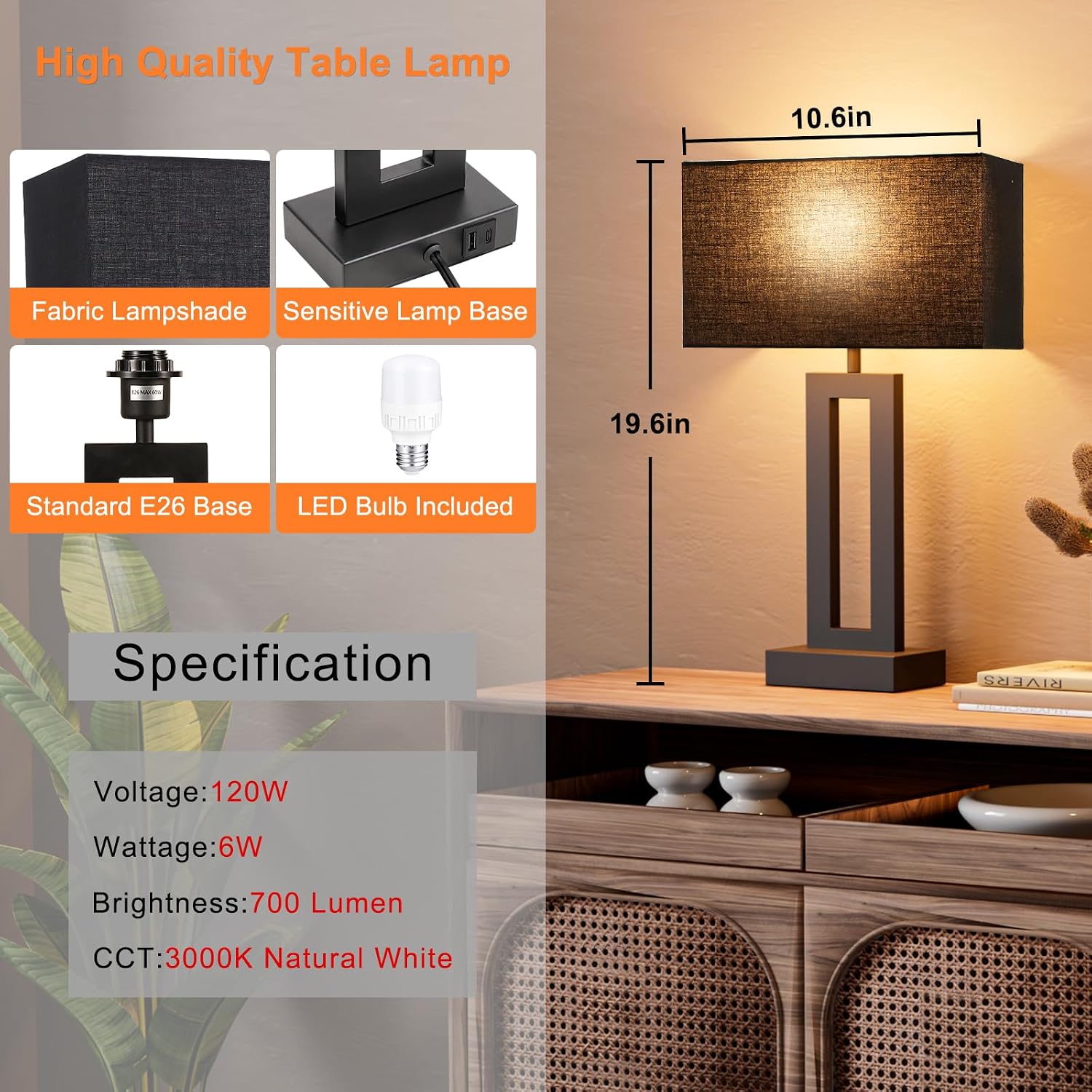 Seealle Nightstand Table Lamps for Bedrooms Set of 2 - Touch Bedside Lamp with USB C+A, 3 Way Dimmable Living Room End Tables 2, Modern…