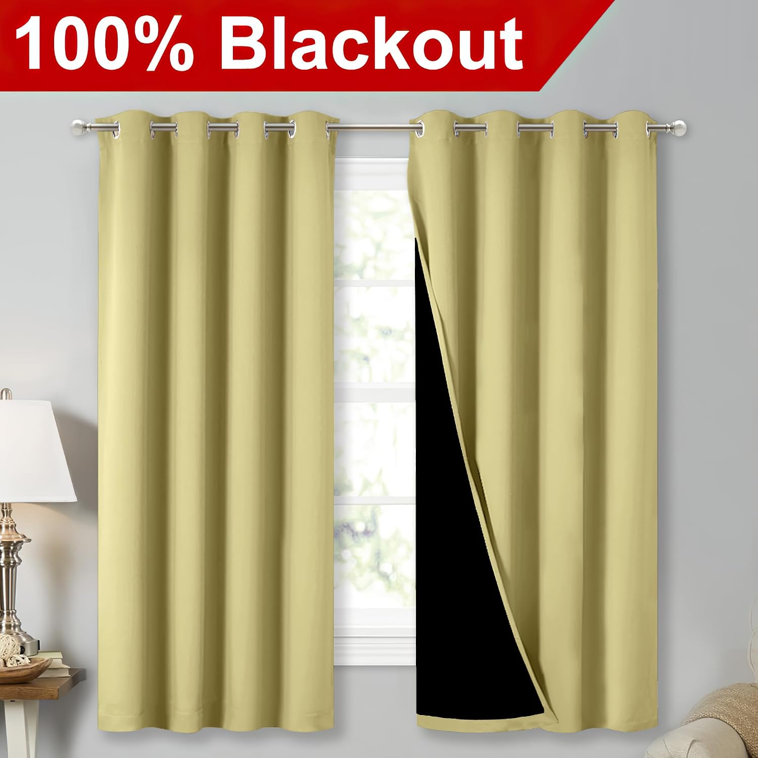 Nicetown 100% Blackout Curtains with Black Liners, Thermal Insulated Full Blackout 2-Layer Lined Drapes, Energy Efficiency Window Draperies…