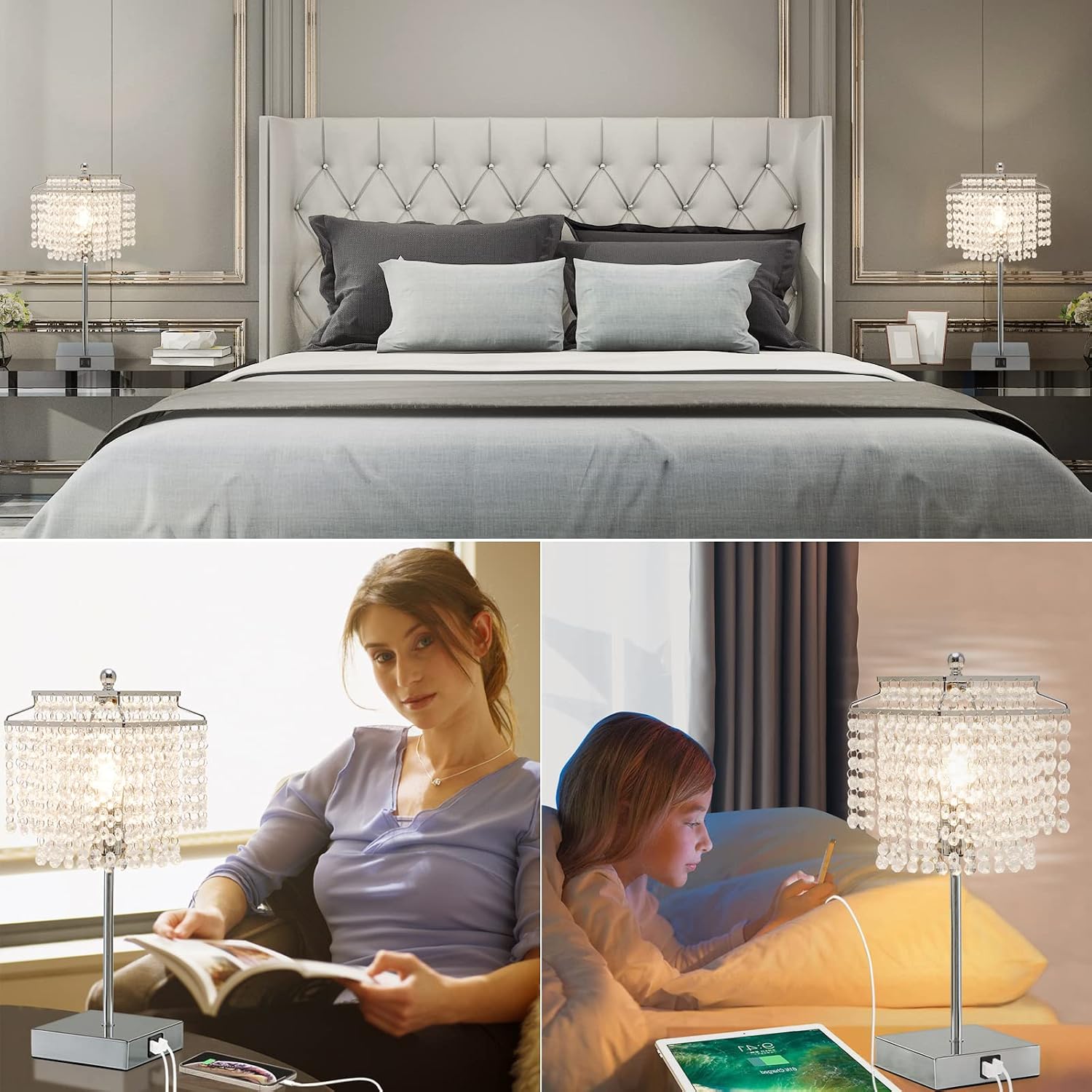 Touch Crystal Table Lamp Silver, Bedside Lamp with USB C+A Ports, Dimmable Nightstand Lamp with Crystal Shade, Bedroom Lamp for Girls…