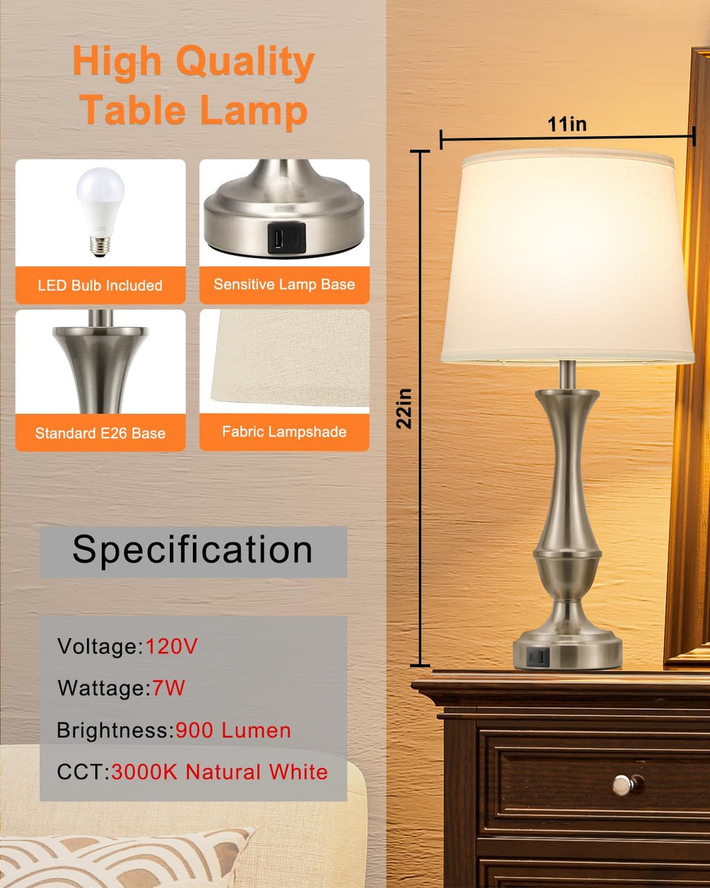 Seealle Upgraded Touch Lamps for Night Stands Set of 2 - Bedside Lamps with USB C+A, 3 Way Dimmable for Bedroom Living Room End Tables…