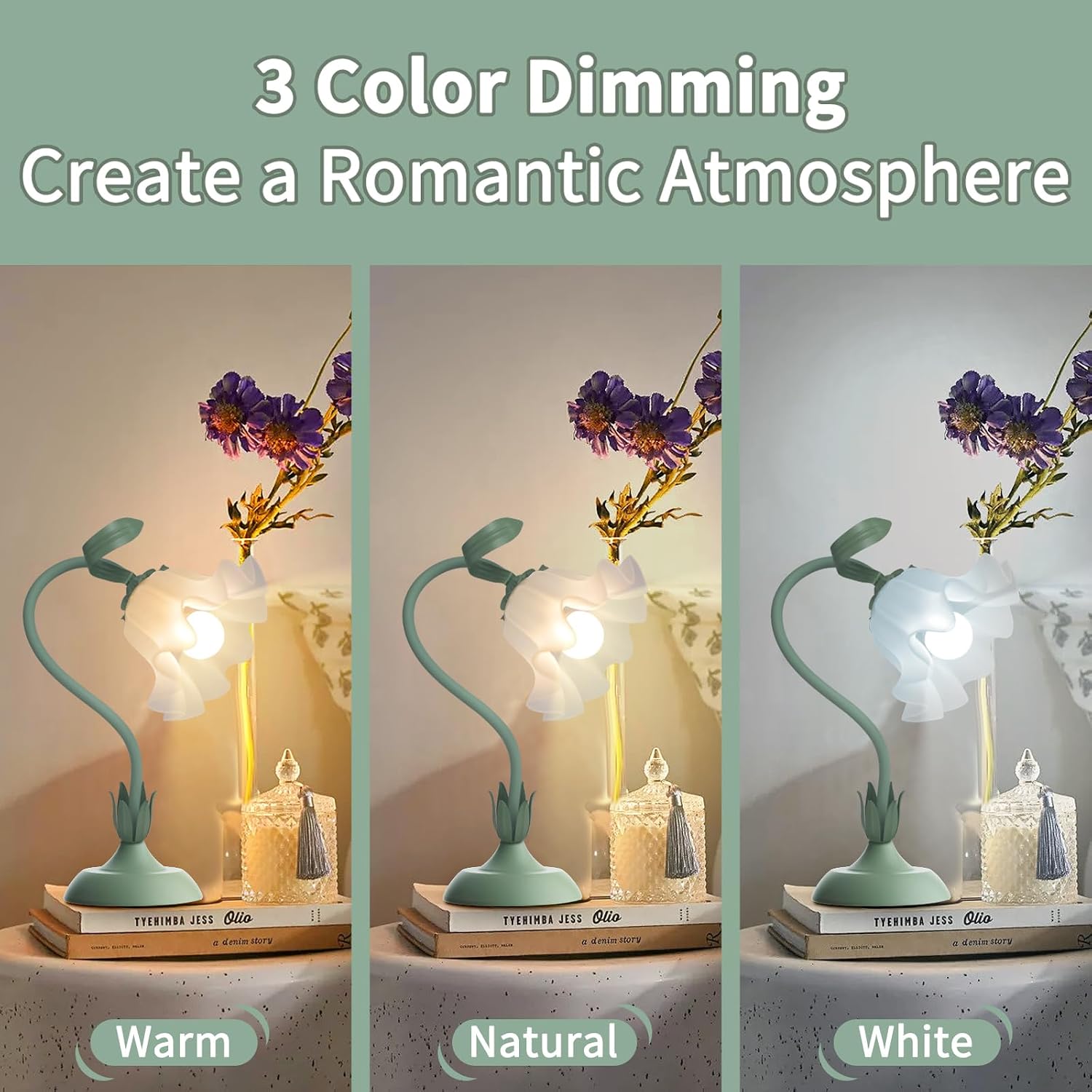 Larnix Women Bedside Table Lamps for Bedroom, Cute Flower Desk Lamp With Adjustable Flexible Gooseneck, 3 Color Temperatures Nightstand Lam…