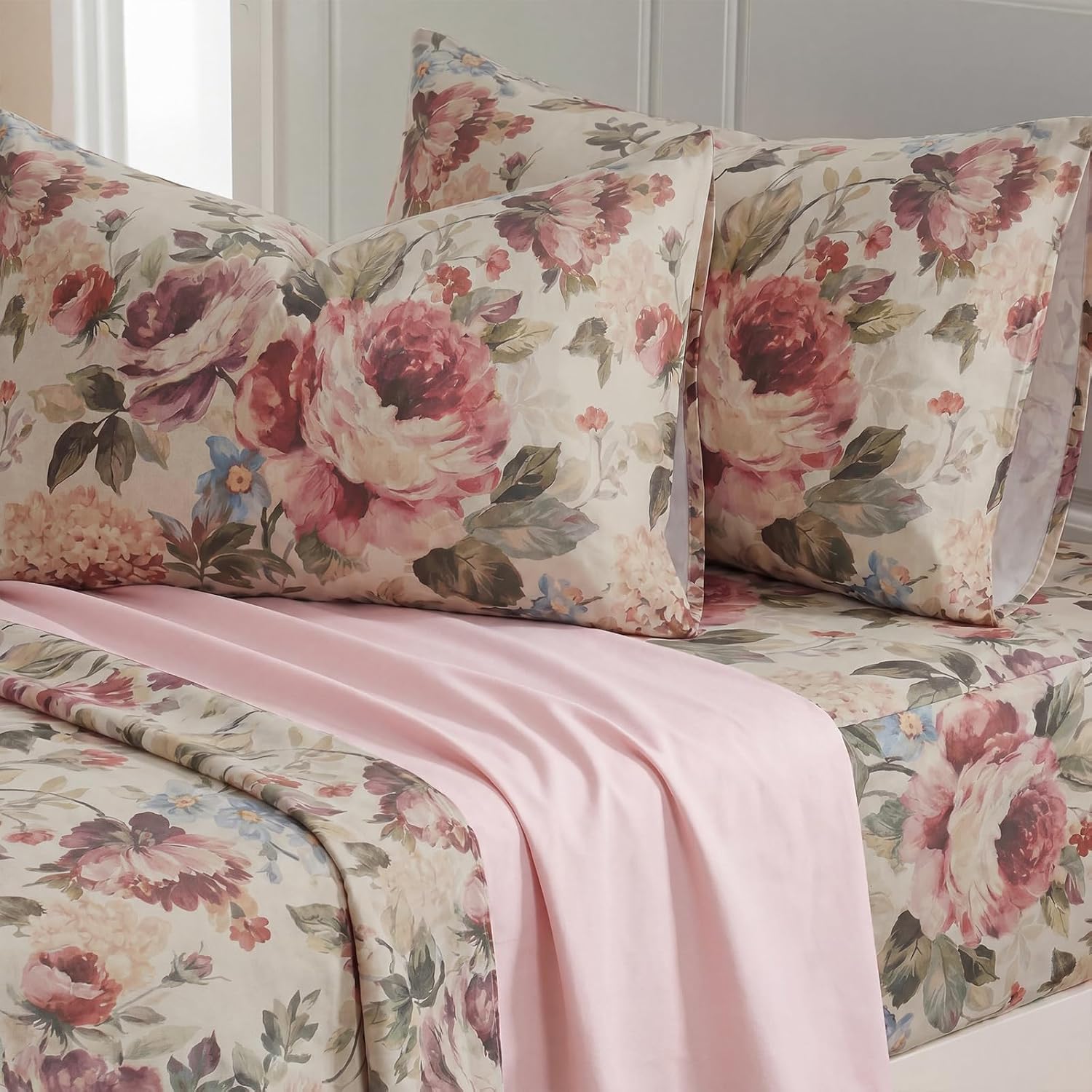 Bedorm Queen Size Pillow Covers Set of 2 Cotton Pillow Case Dark Pink Rose Flower Botanical Print Floral Pillowcases with Pocket Closure De…