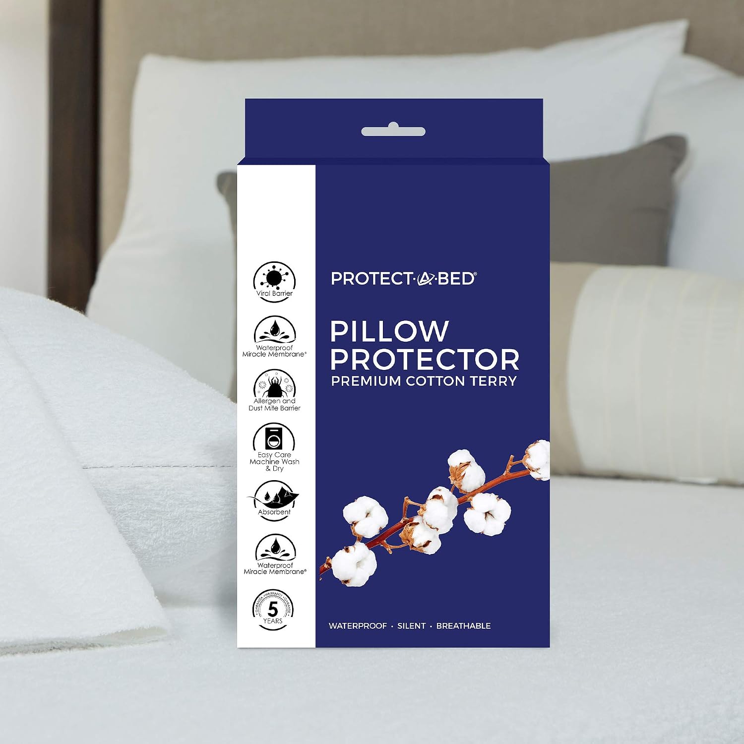 Protect-A-Bed Cotton Terry Pillow Protector, Zippered, Waterproof, 1-Pack, Queen Size Cotton White