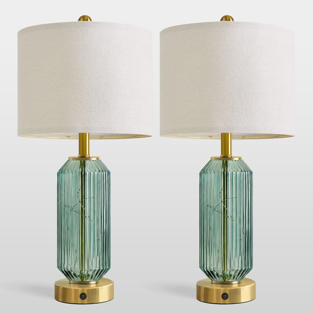 Oneach 24.5" Bedside Table Lamps Set of 2, Green Glass Nightstand Lamps with USB A+C Charging Ports and Night Light, Gold Modern Lamps…