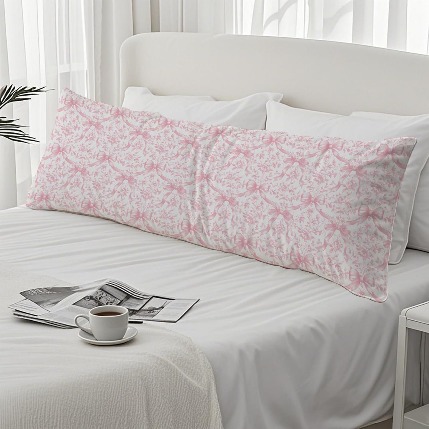 Coquette Pink Bow Chinoiserie Floral 20x54 Body Pillow Cover, Grandmillennial Home Decor, Cottagecore Preppy Pink Flower Decorative Long…
