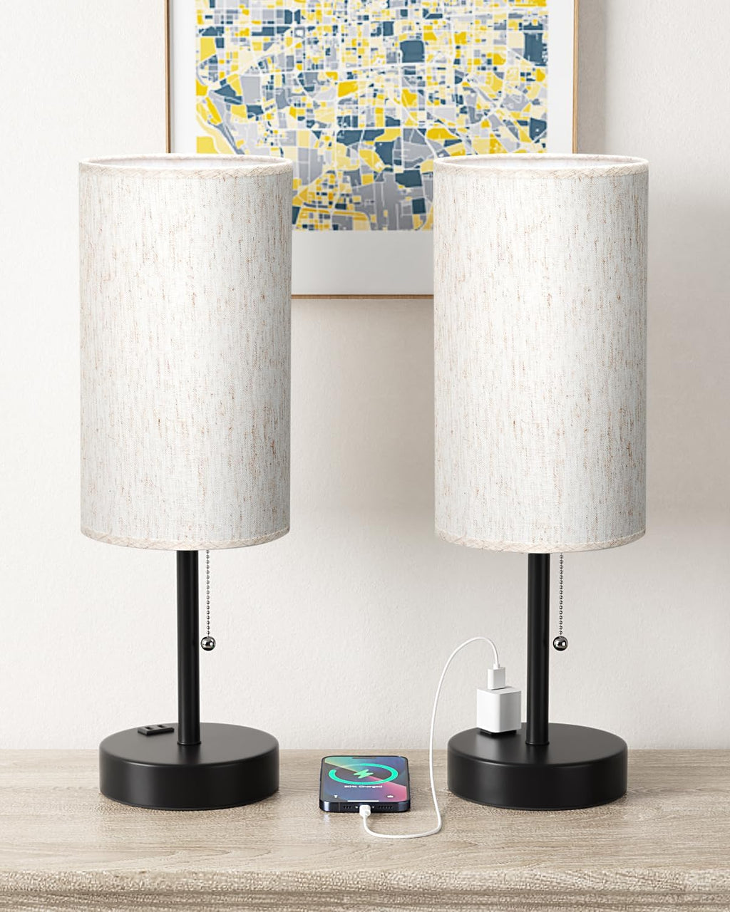 Fenmzee Plus Bedside Table Lamps Set of 2-3 Color Temperatures Pull Chain Lamp with AC Outlet Charging Port, Round Night Stand Lamps for…