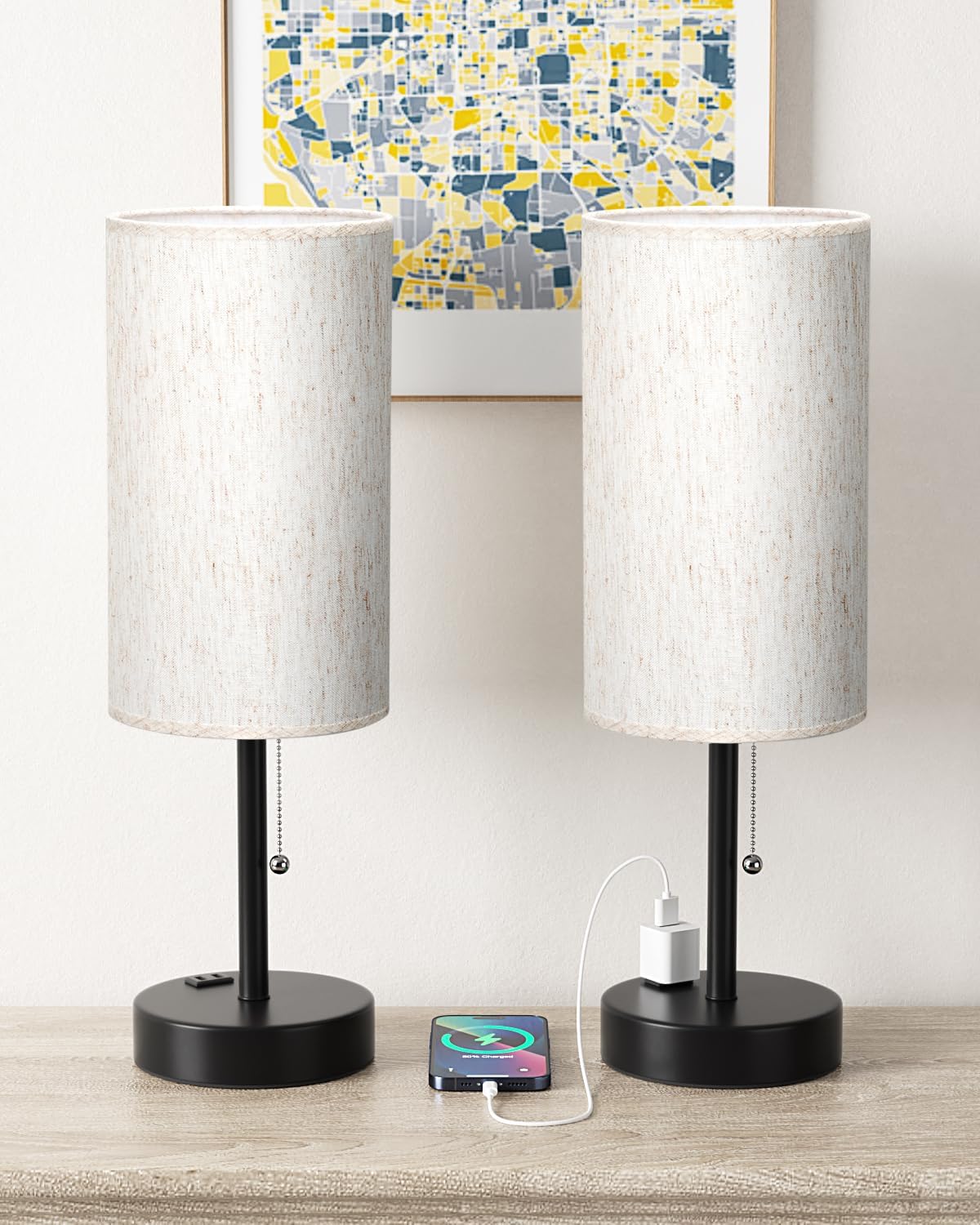Fenmzee Plus Bedside Table Lamps Set of 2-3 Color Temperatures Pull Chain Lamp with AC Outlet Charging Port, Round Night Stand Lamps for…