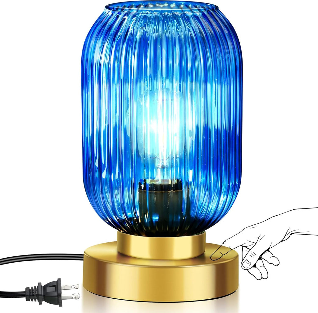 Mid Century Modern Table Lamp with Blue Ribbed Glass Shade, Touch Control & 3 Way Dimmable, Small Gold, Vintage Bedside Lamp for Bedroom…