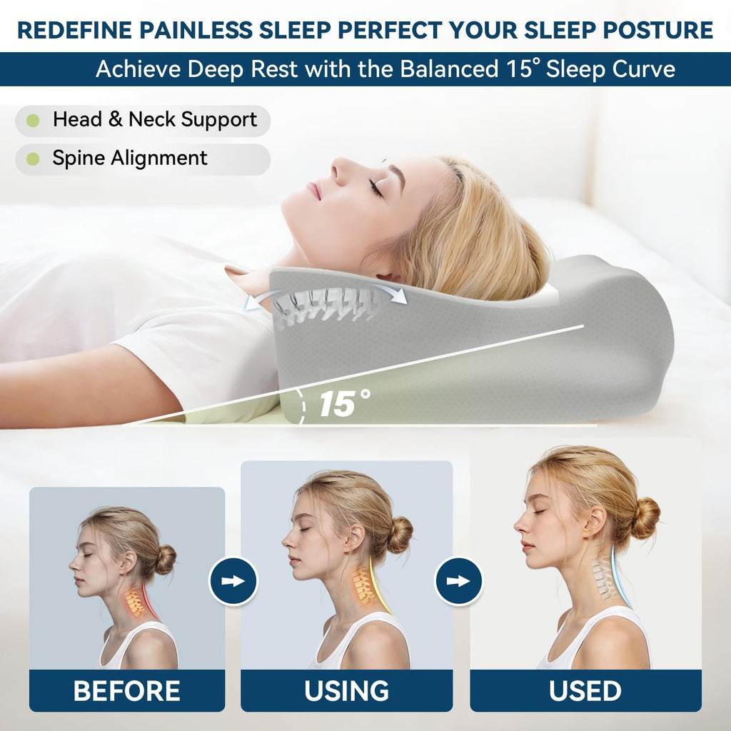Ablegrid Memory Foam Cervical Neck Support Pillow, Contour Cooling Gel Pillow for Neck Shoulder, Odorless Ergonomic Orthopedic Adjustable De…
