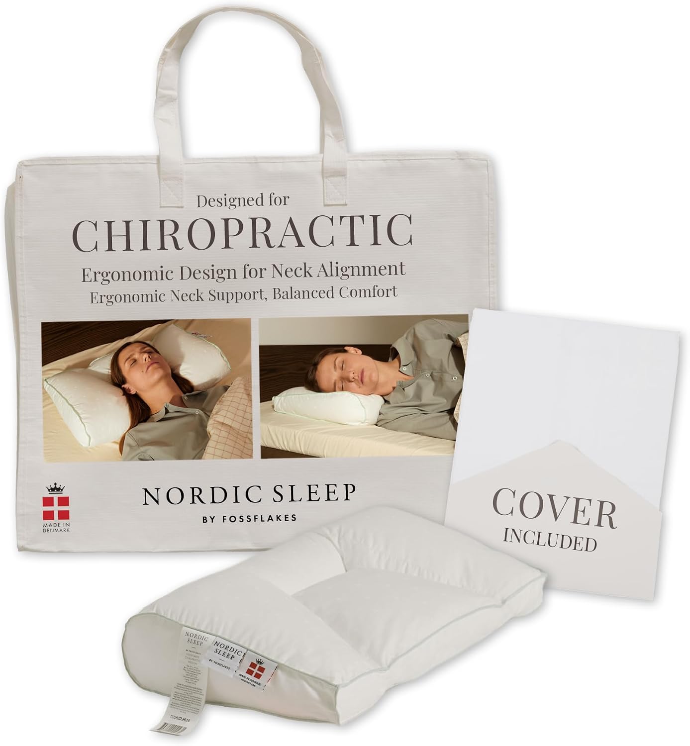 NordicSleepbyFossflakes FOSSFLAKES Chiropractic Pillow Large with Cover – Firm Contoured Neck Pillow for Side Sleepers – Orthopedic Cervica…