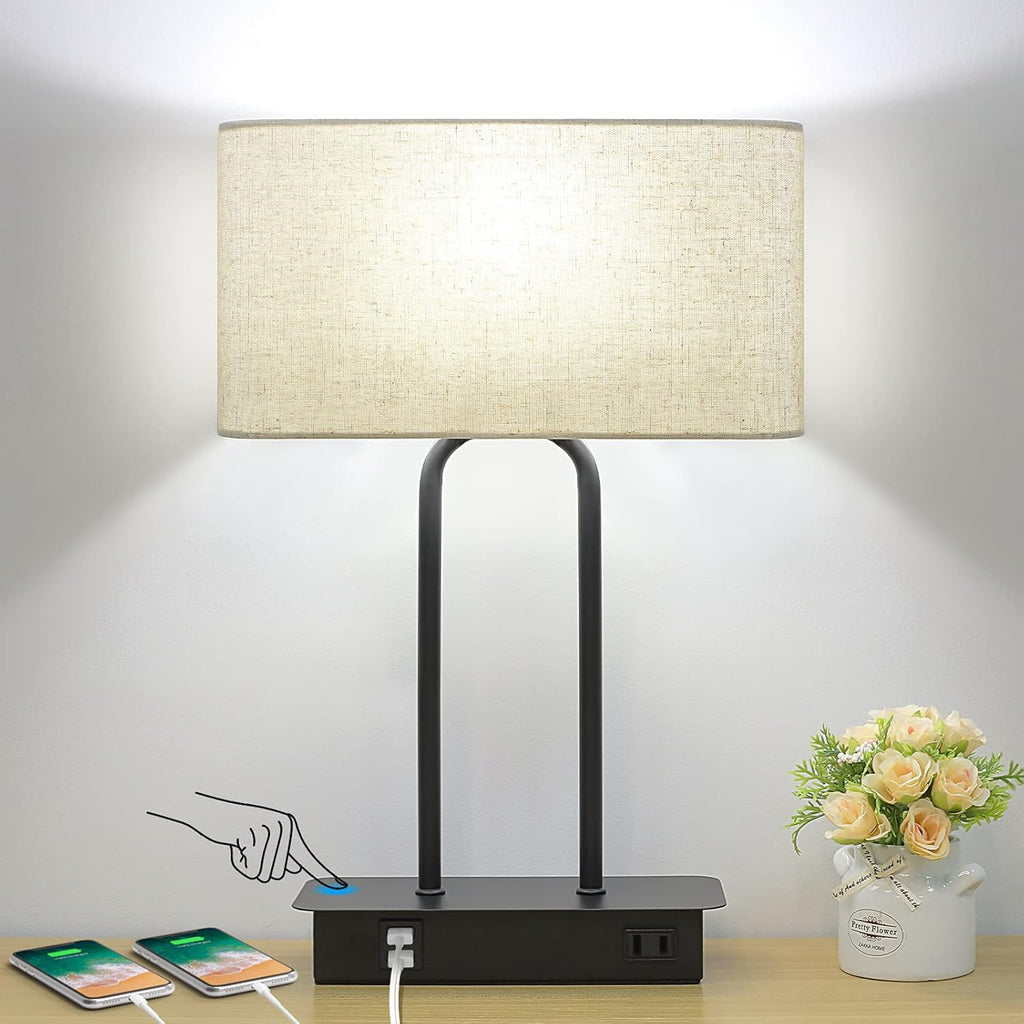 Bedside Touch Control Table Lamp with Dual USB Charging Ports 1 AC Outlet, 3 Way Dimmable Modern Nightstand Lamp with Cream Fabric Shade…