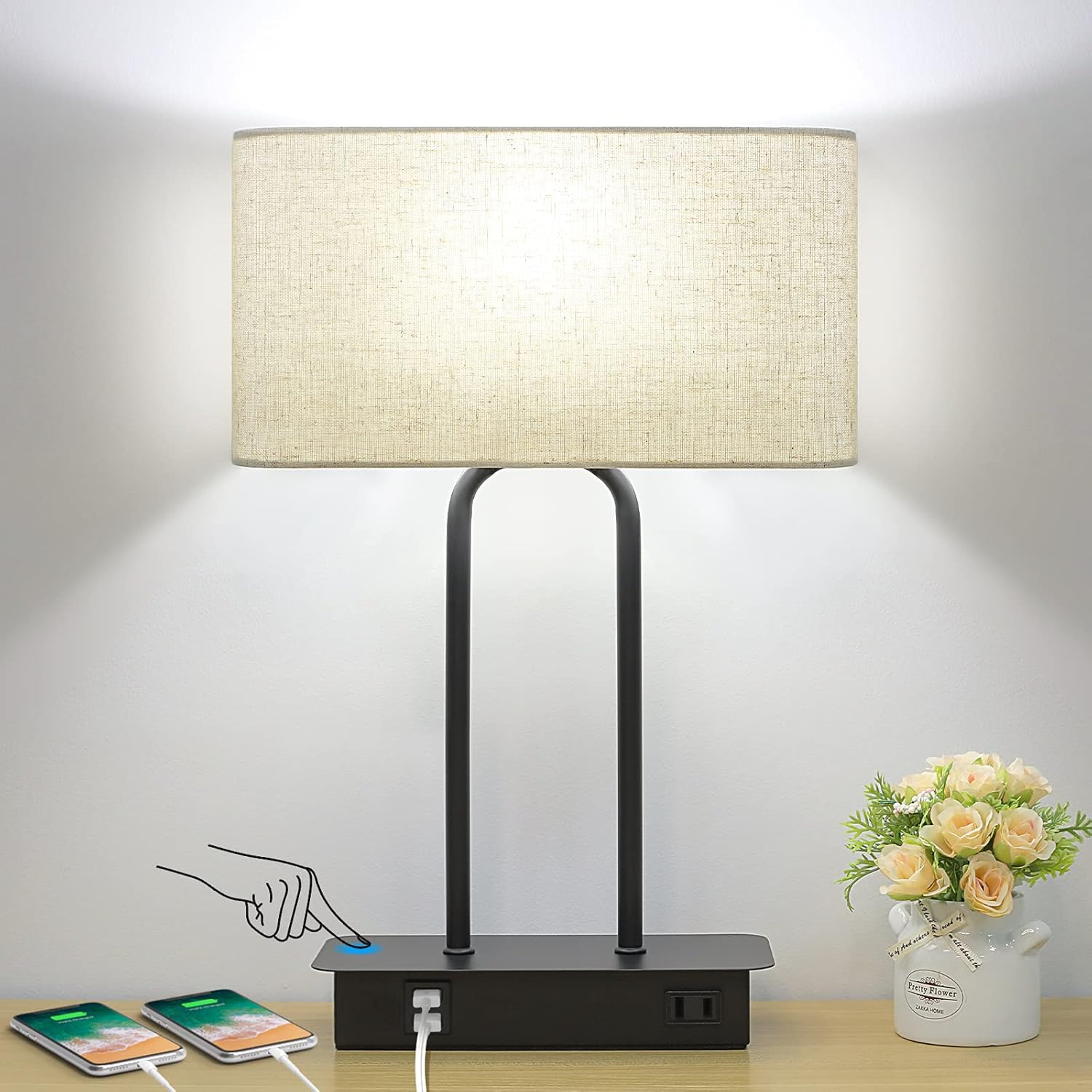 Bedside Touch Control Table Lamp with Dual USB Charging Ports 1 AC Outlet, 3 Way Dimmable Modern Nightstand Lamp with Cream Fabric Shade…
