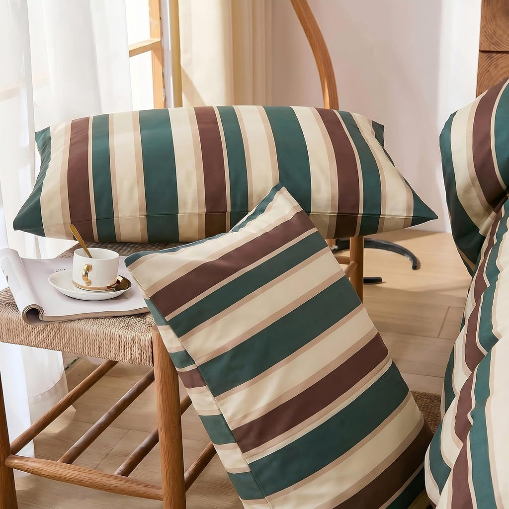 Merryword 100% Cotton Pillow Cases, Queen Size Pillowcases, Green Striped Pillowcases, Luxury Linen Like Pillowcase, Soft Breathable Cabana…