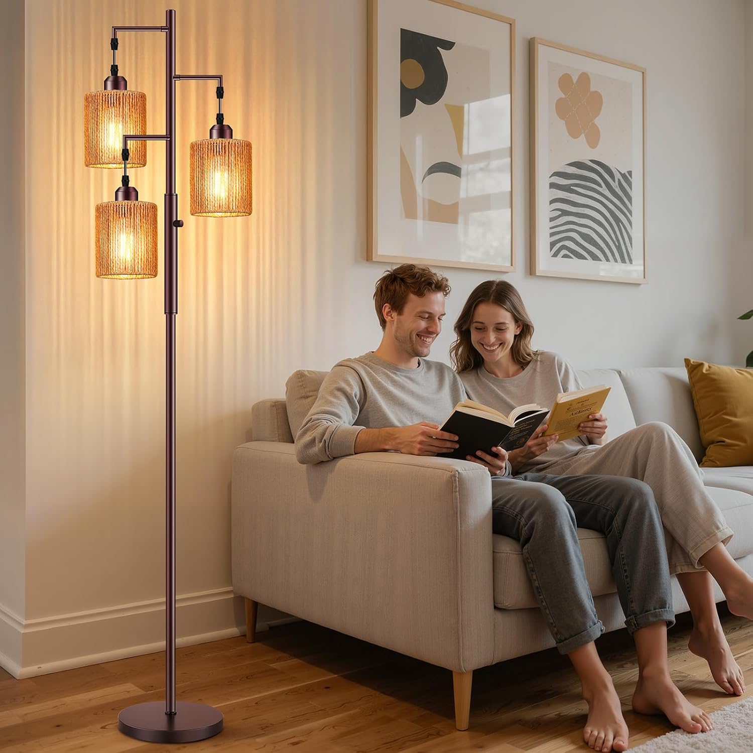 Hotsonic 72" Tall Boho Rattan Style Floor Lamp with Hand-Woven Paper Cord Shade, Dimmable Industrial Tree Standing Lamp for Living Room…