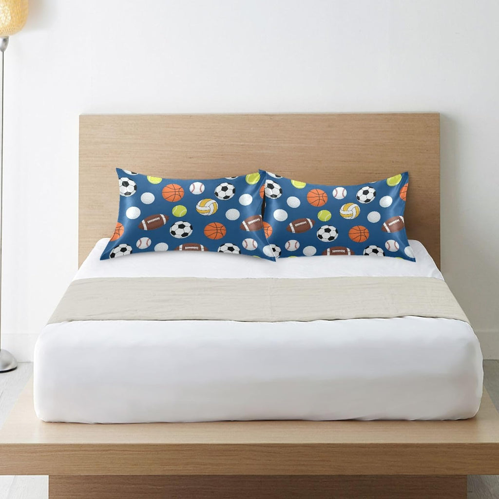 Sports Balls Blue Pillow Covers Silk Pillowcase for Hair and Skin Breathable Soft Satin Pillowcase Standard Size Pillow Case for Girls…