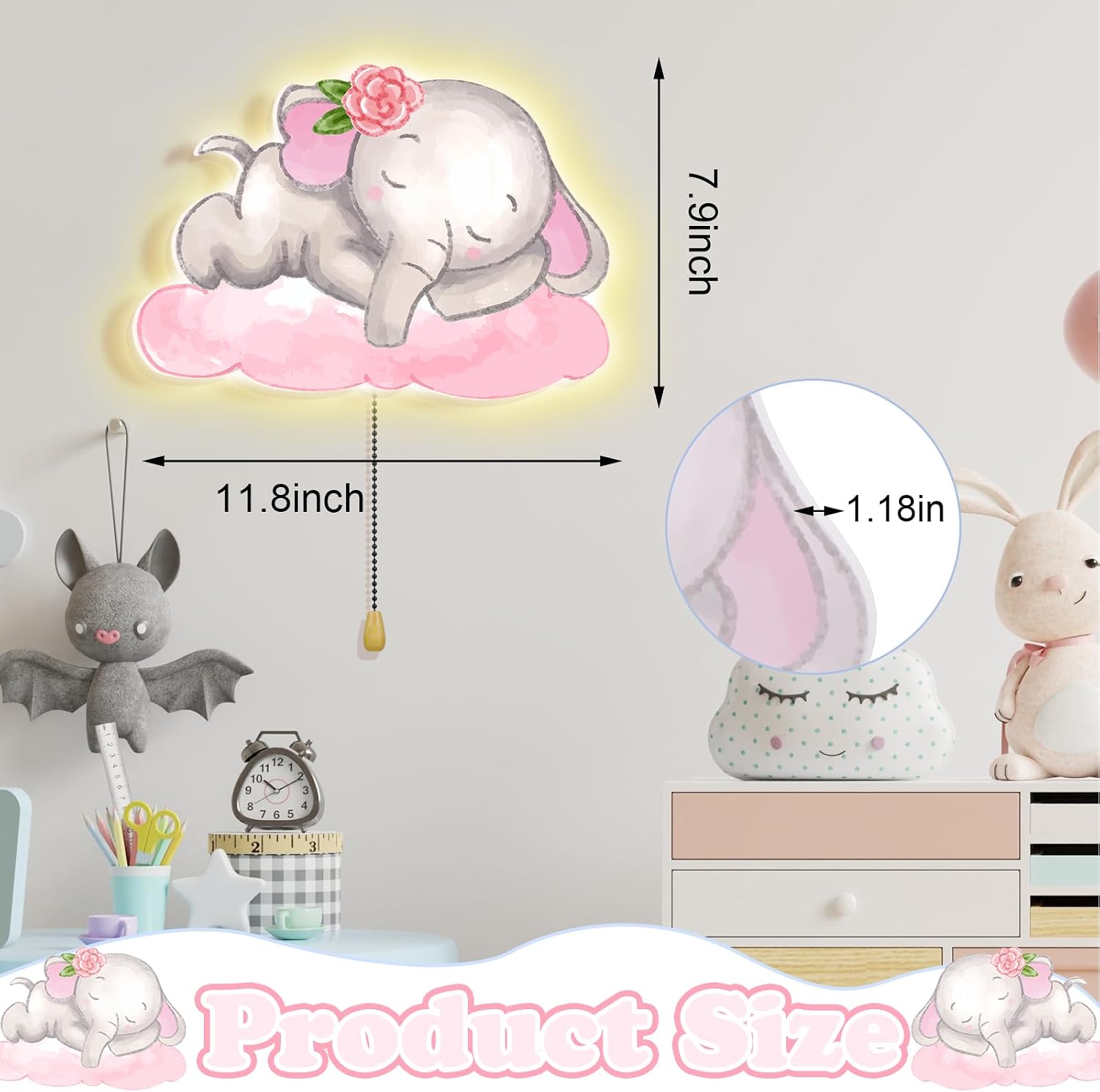 Aurelema Elephant Night Light Wall Lamp Sleeping Nursery Lighting Cute Floating Battery Operated Hanging Lamp for Baby Boys Girls Bedroom…