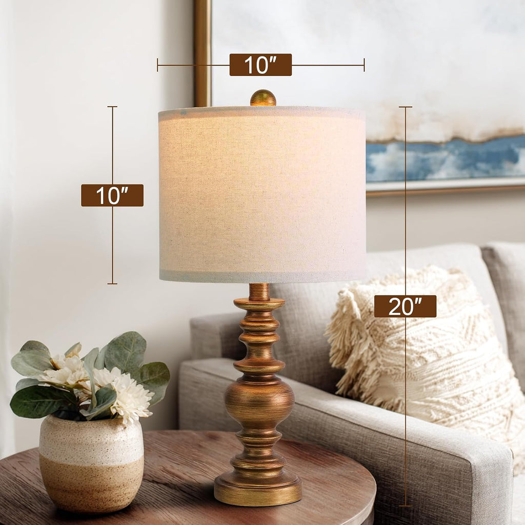 BOBOMOMO 20" Antique Gold Table Lamps Set of 2 – Handcrafted Vintage Bedside Lamps with Linen Shades, Elegant Farmhouse Lamps for…