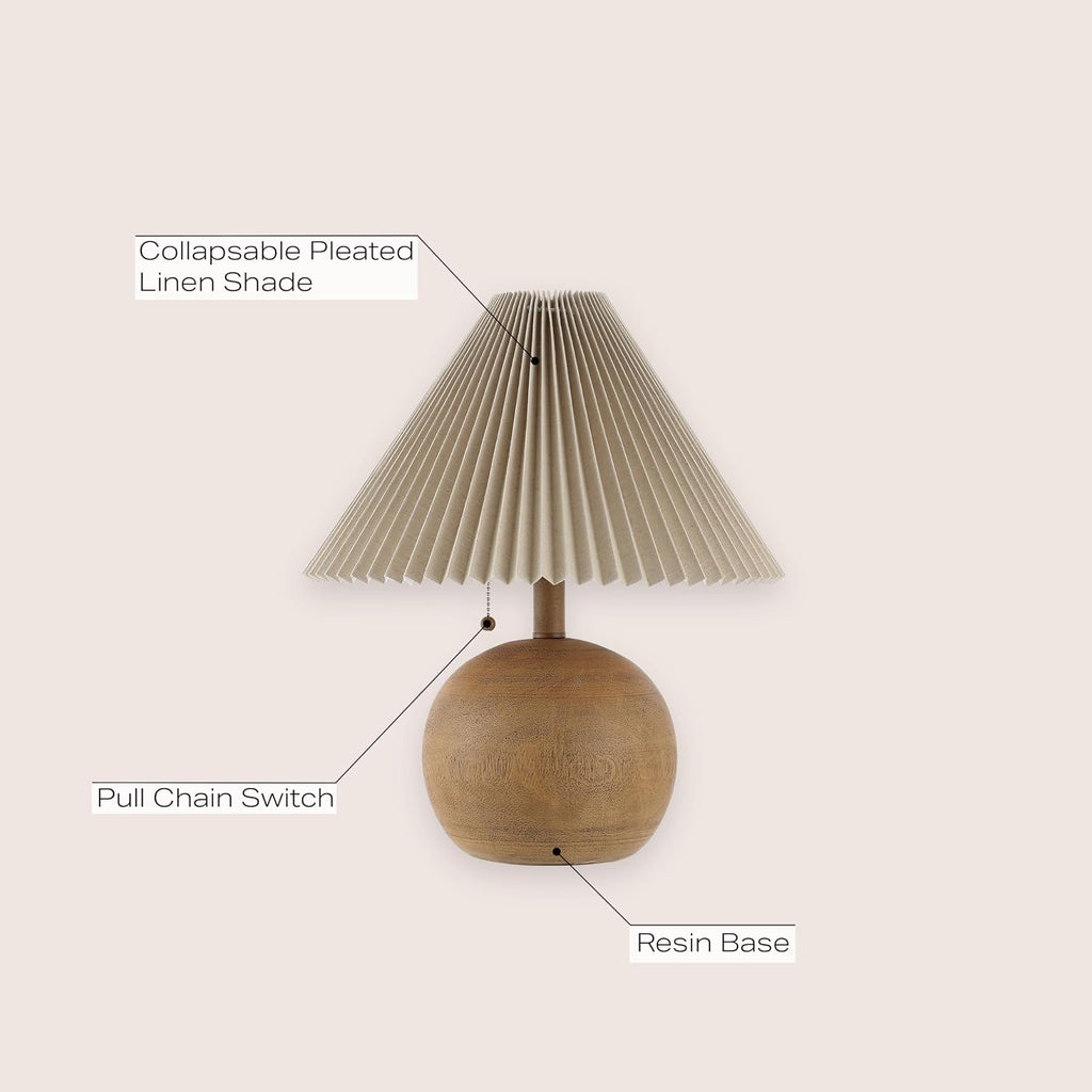 Jonathany JONATHAN Y 17.25" Brown Wood Finish Sphere Table Lamp, Mid-Century Bedside Nightstand with Beige Pleated Linen Shade, Scandinavia…