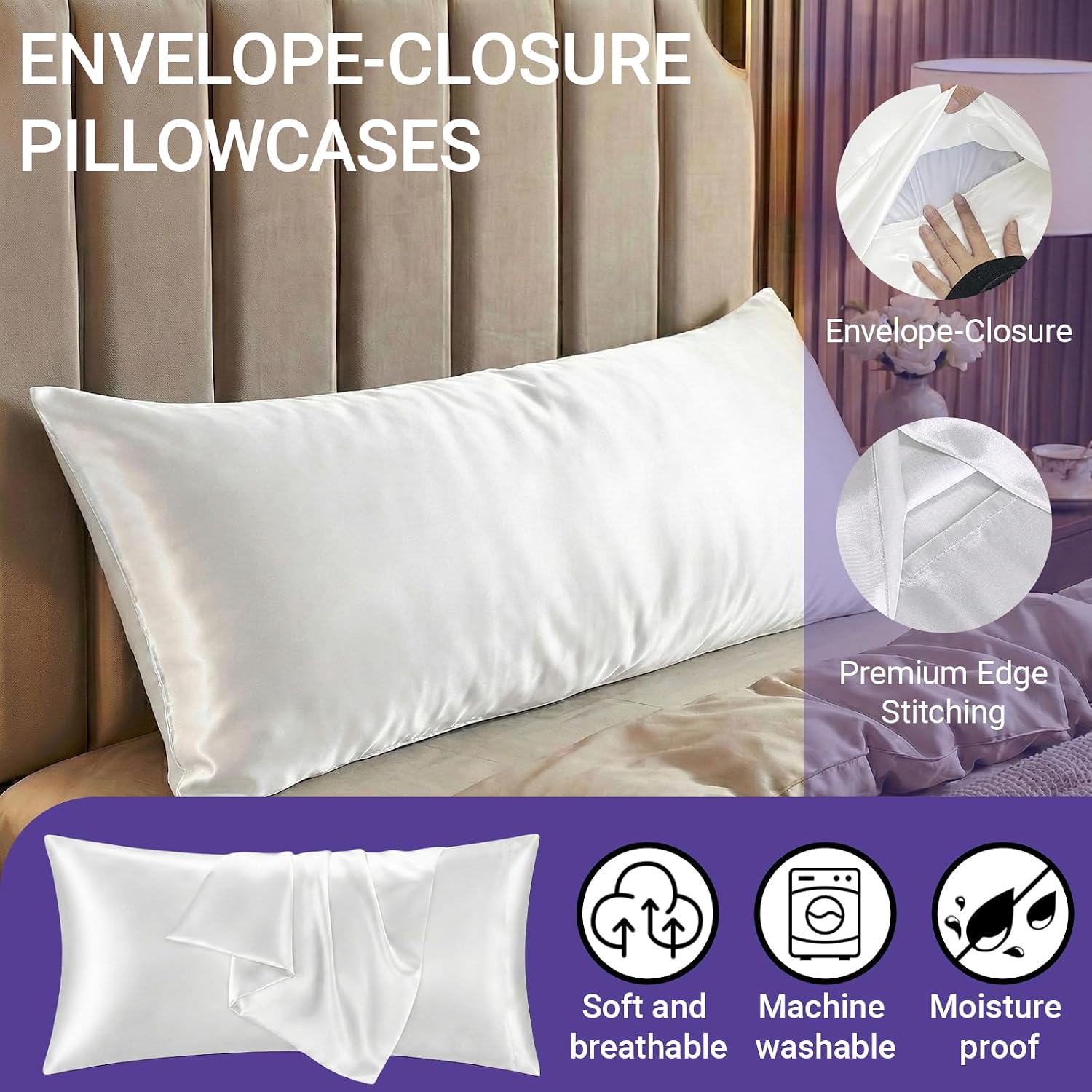 QJFabricCO Q&J Fabric Co. 1 Pack Satin Pillowcase Silk Like Pillowcase 20x54 inch White Cooling Pillowcase with Envelope Closure for Hair a…