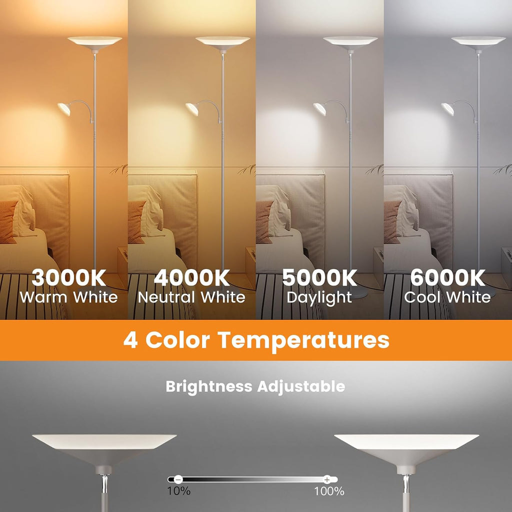 SIBRILLE Sliver Gray Torchiere Floor Lamp with Reading Light, 4 Color Temperatures, Dimmable & Individual Light Control Standing Lamp…