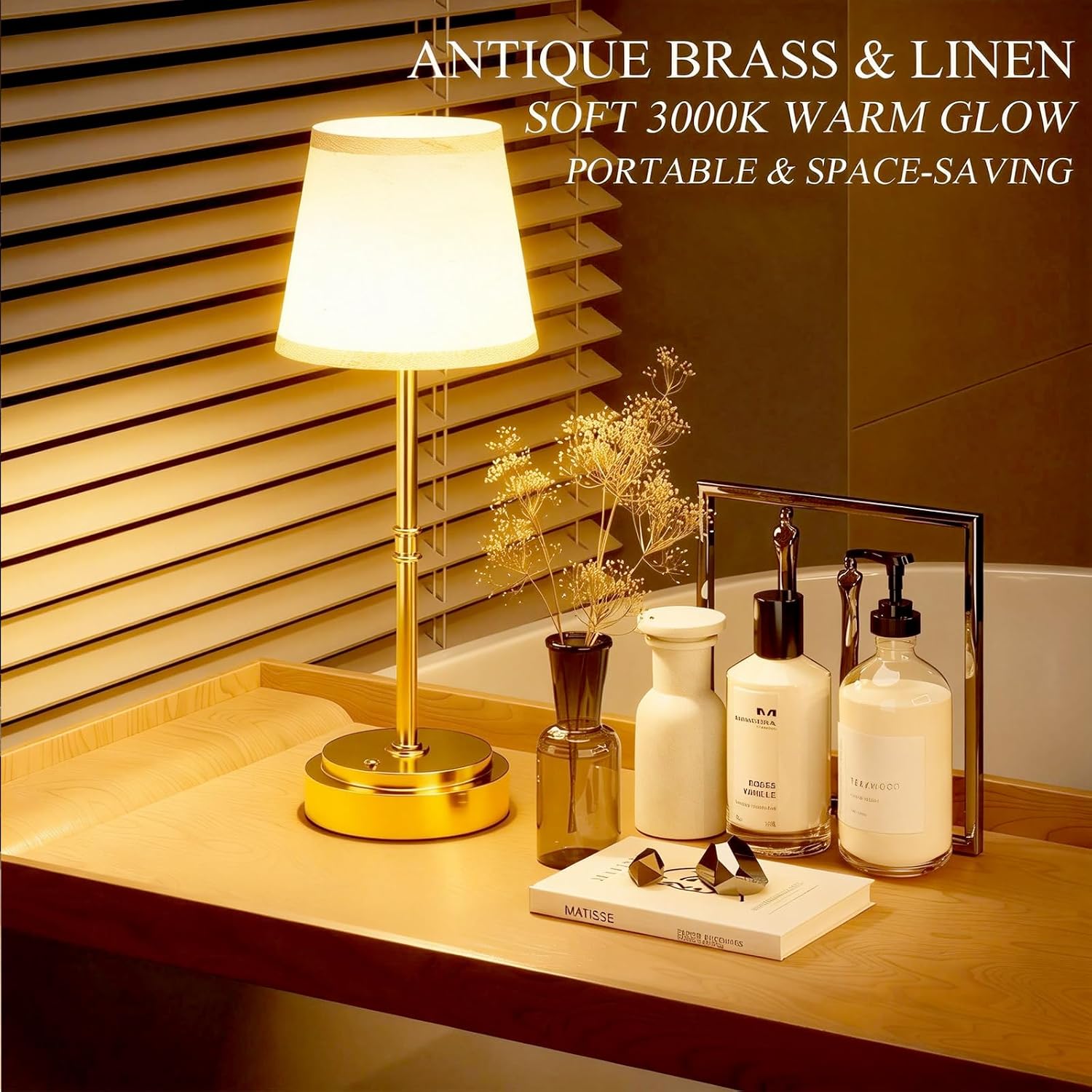 Rechargeable Cordless Table Lamp Gold - 1 Pack Brass 7500mAh Battery Operated Lamp, Small Antique Brass Aesthetic Desk Lamp for Kitchen…