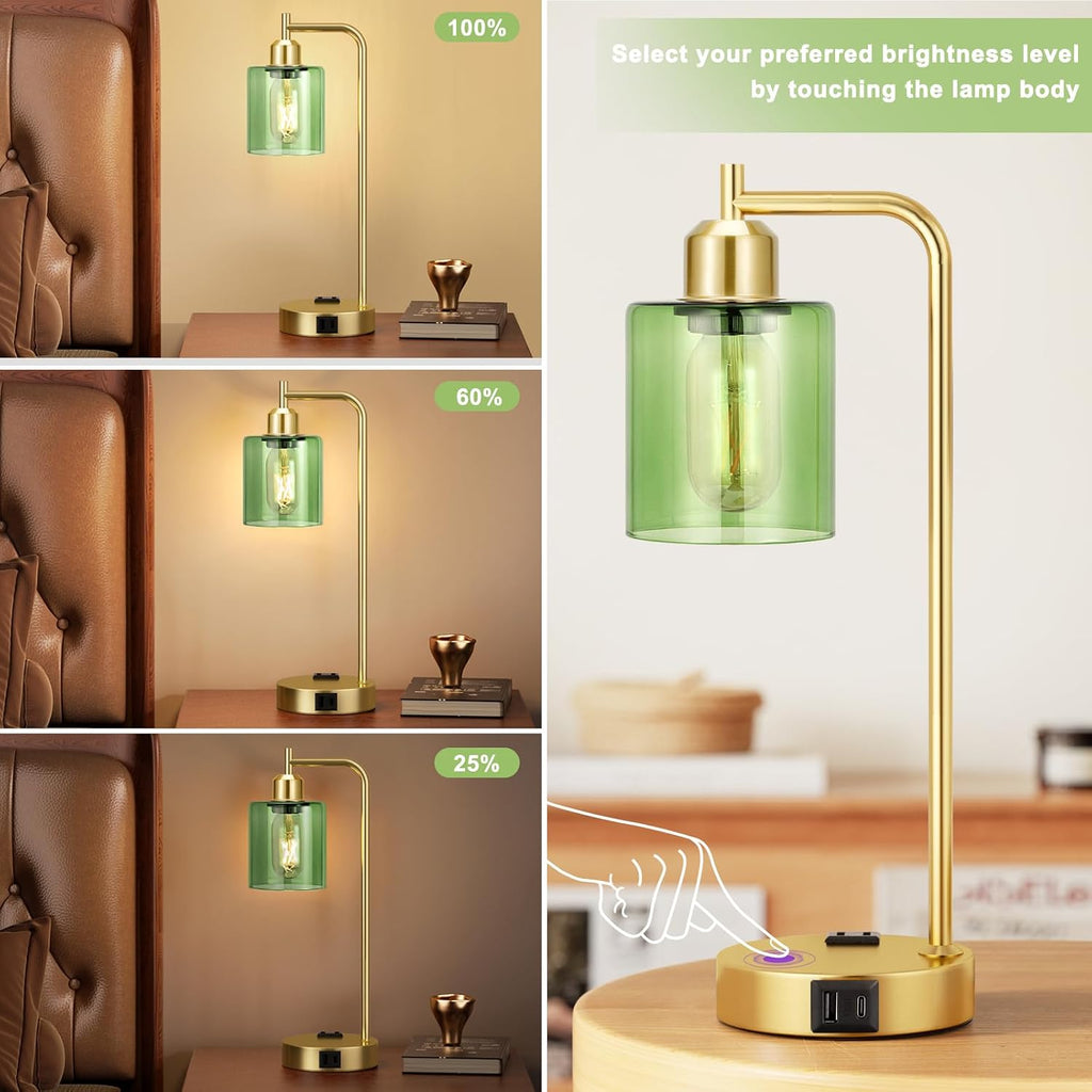 Innqoo Industrial Green Table Lamps for Bedrooms Set of 2-3-Way Dimmable Desk Lamp with USB C+A Ports and Outlet, Gold Lamps with Green…