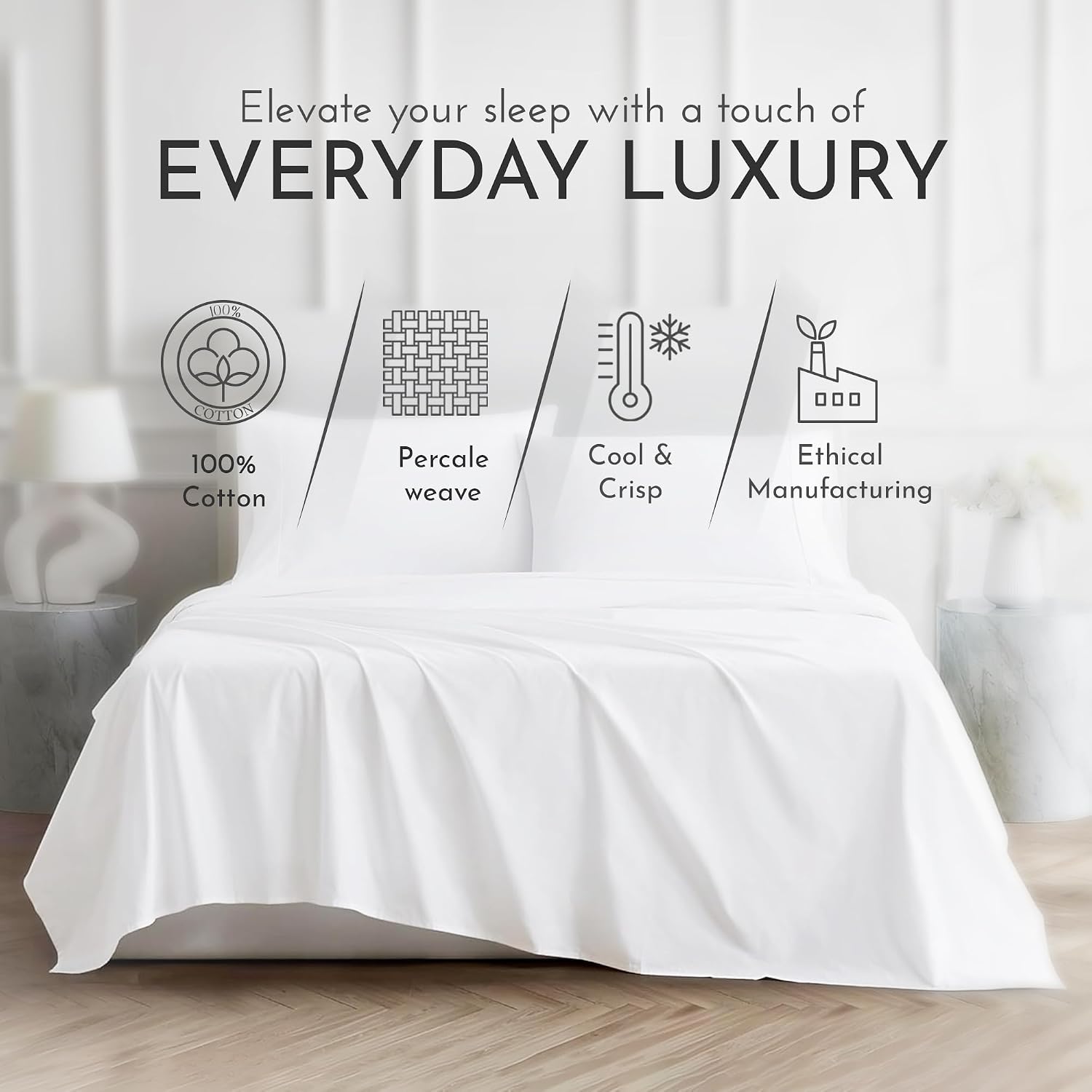 Linen Closet 3 Pcs 100% Cotton Twin Sheets Set, Arctic White, 400 Thread Count, Percale Weave, Deep Pocket Fitted Sheet, Fits Up To 18"…