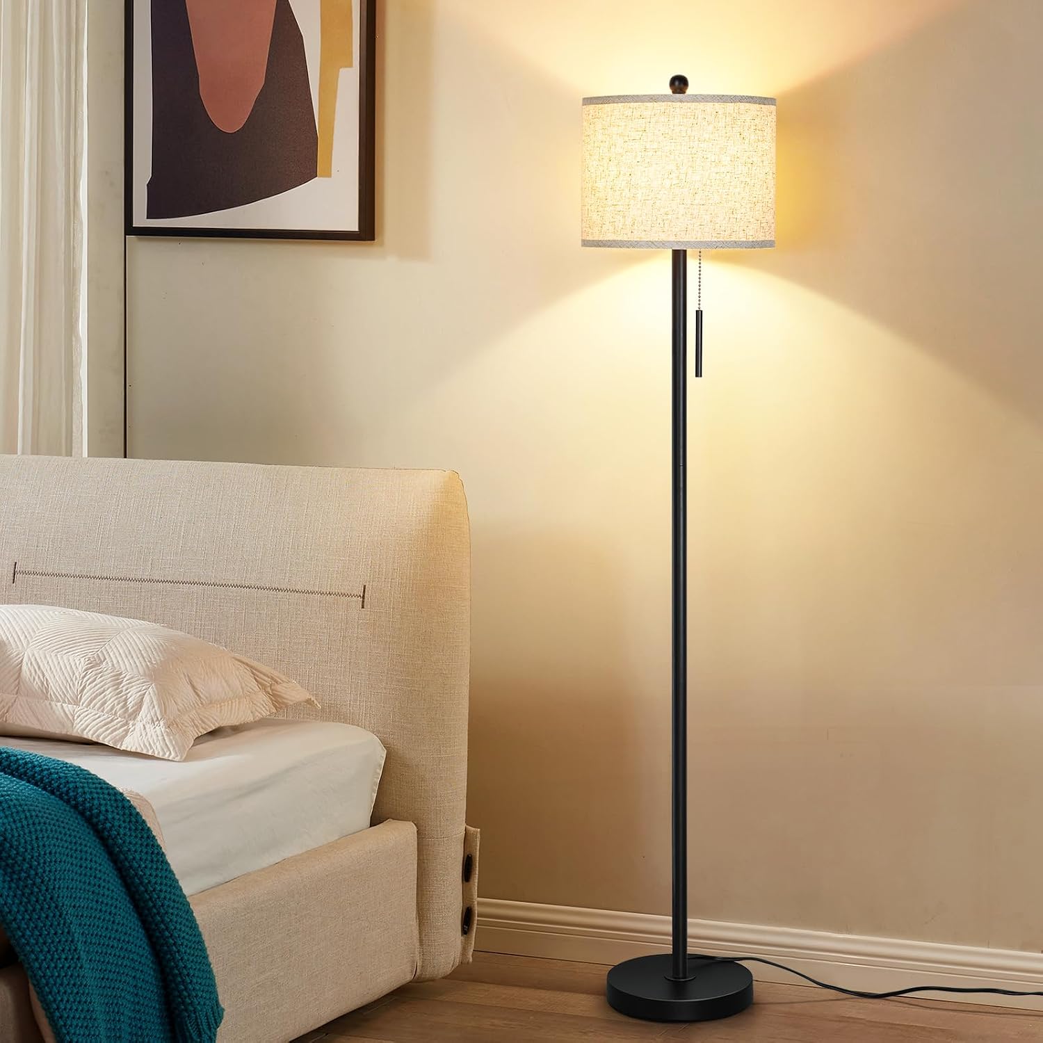 Qingmiao Floor Lamp for Living Room, 63in Black Standing Lamp, 3-Way Dimmable Floor Lamp for Bedroom, Tall Lamp with White Linen Shade…