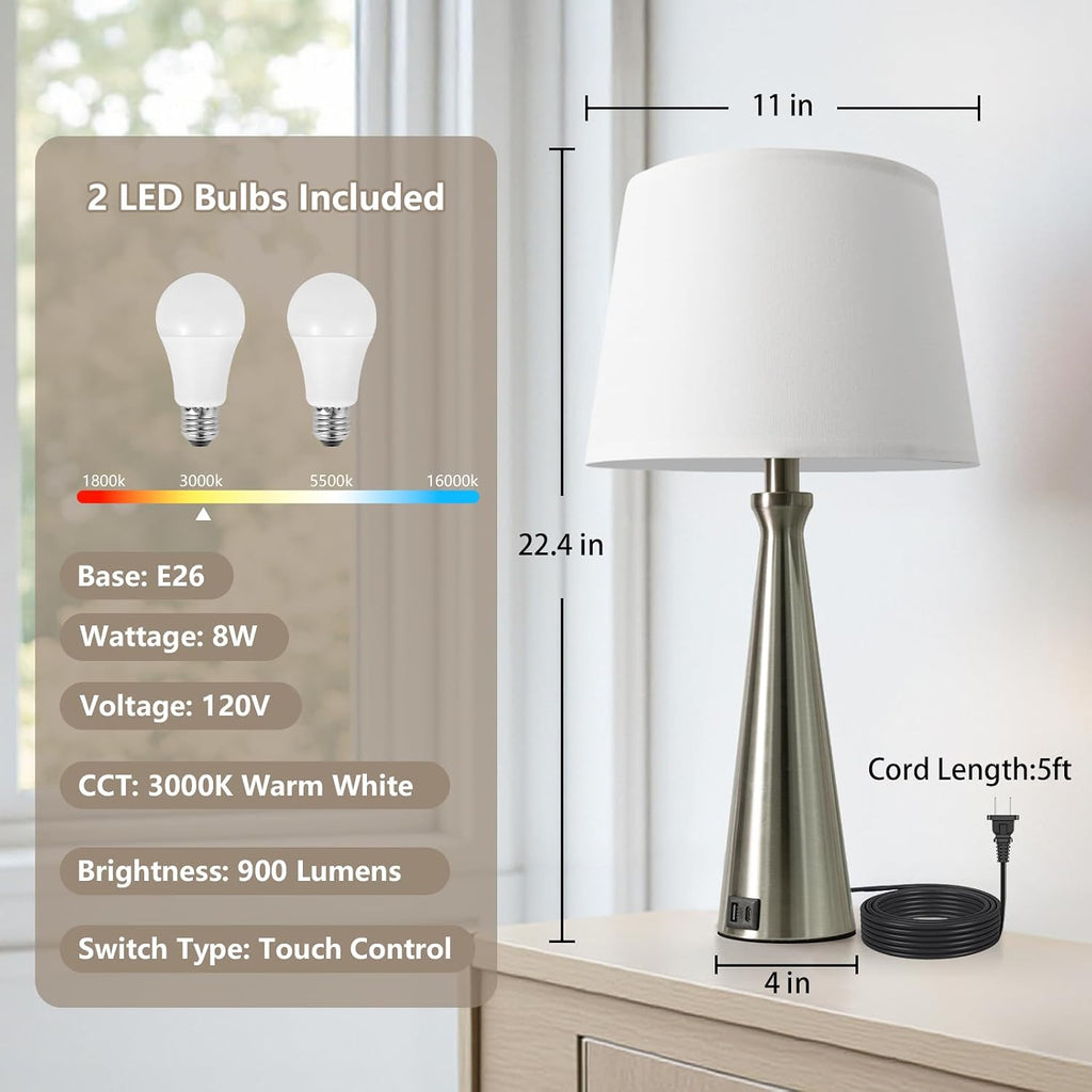 Seealle Modern Table Lamps Set of 2 - Touch Bedside Lamp for Nightstand with Dual USB C+A,3-Way Dimmable Silver Nightstand Lamps for…