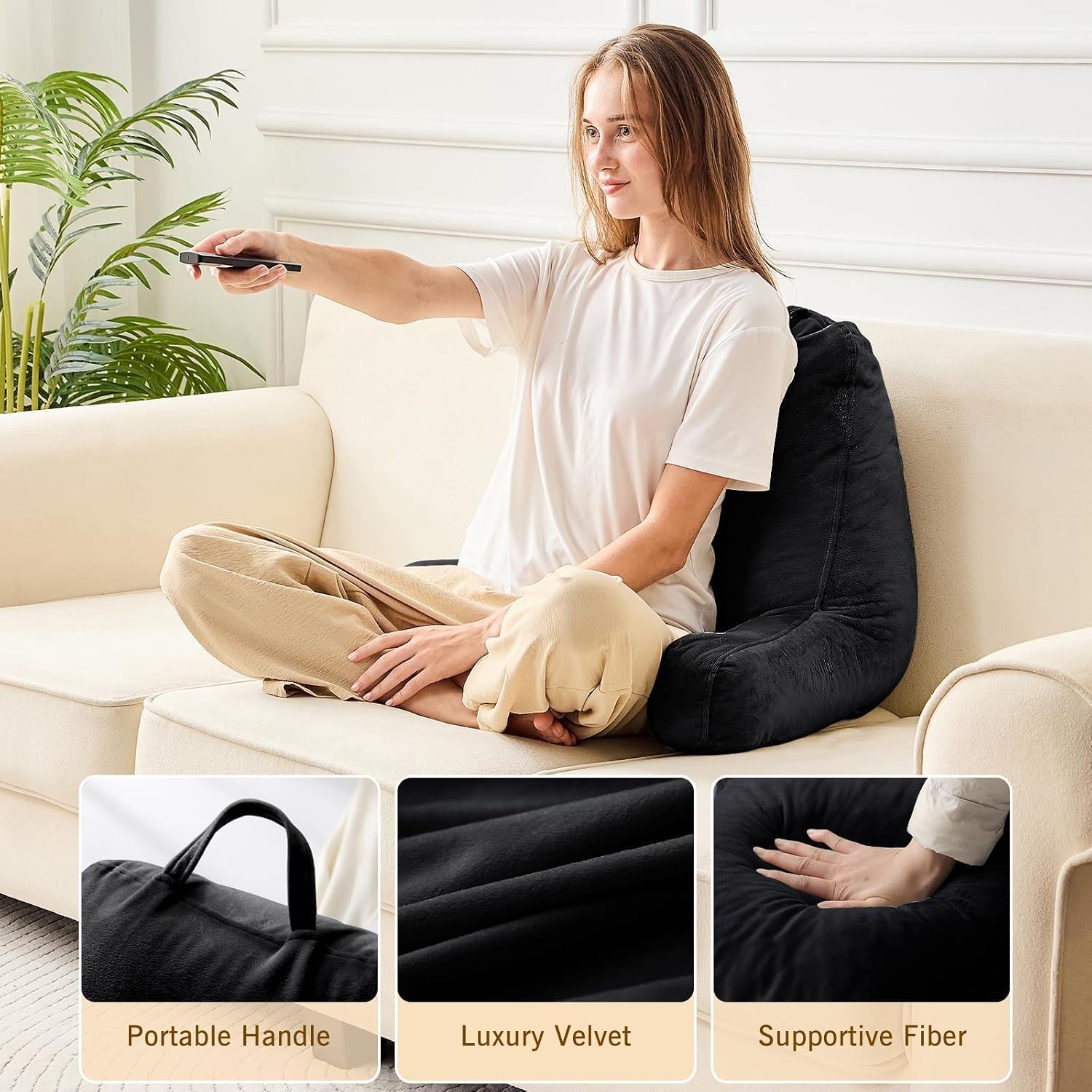 Sasttie Reading Pillow, Velvet Back Pillow for Bed Sitting Up, Adult Back-Rest Support Cushion with Arms for Sit Up on Couch, Sofa, and…