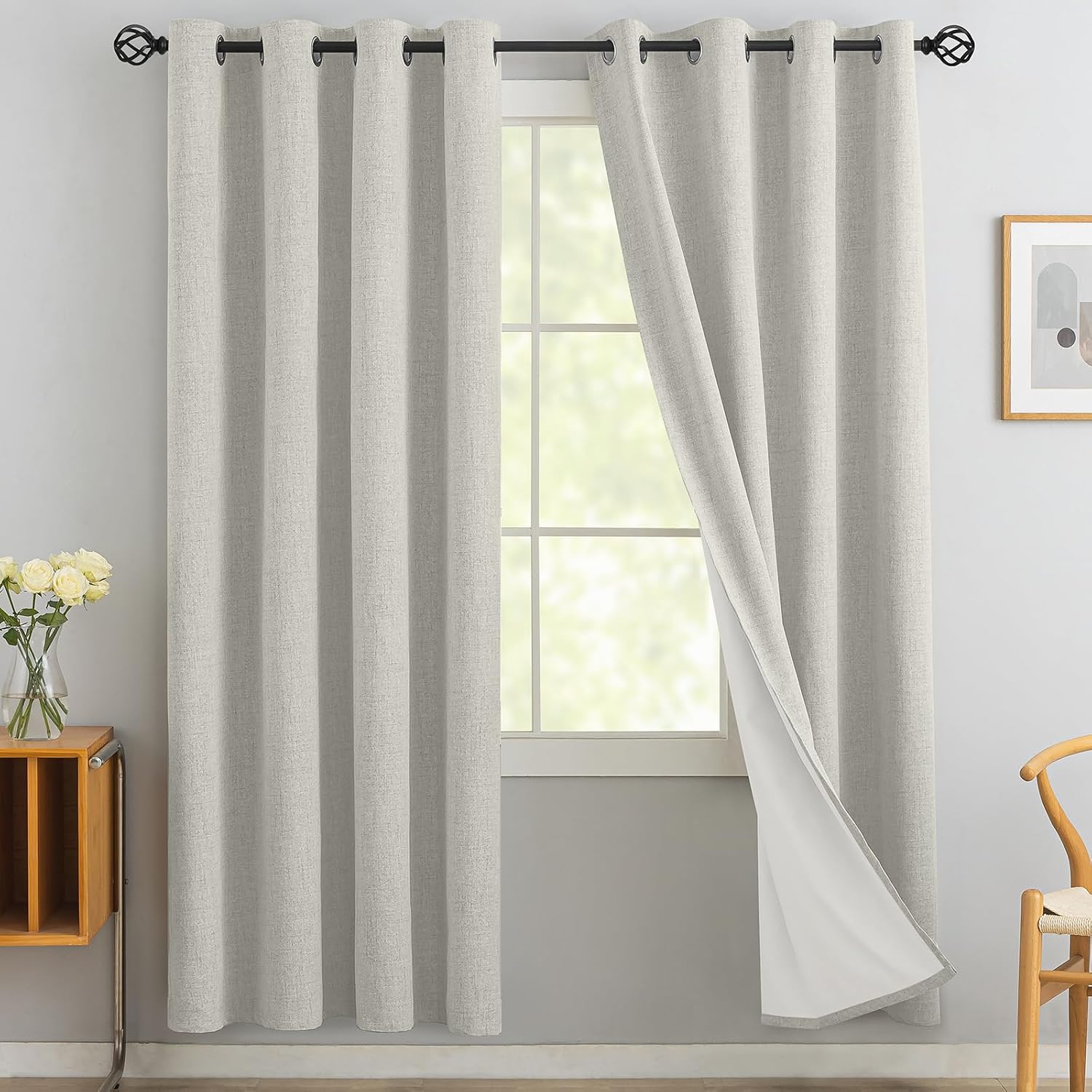 Yakamok Cream Linen Curtains 100% Blackout 96 Inches Long, Room Darkening Textured Curtains for Living Room Thermal Grommet Bedroom Curtain…