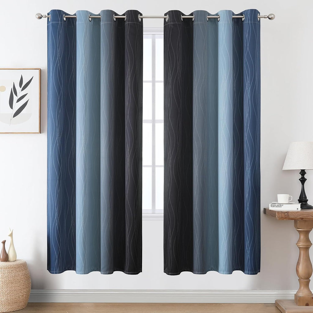 Estelartextiler Estelar Textiler Navy Blue and Black Ombre Blackout Curtains 72 Inch Length 2 Panels Set, Full Room Darkening Grommet Curta…