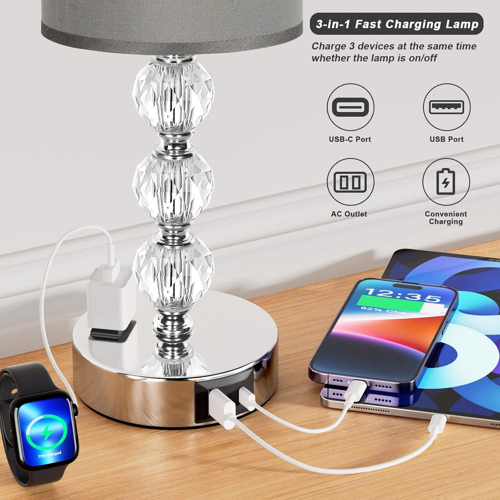 Grey Touch Bedside Lamps for Bedrooms - Crystal Table Lamp with USB C+A Charging Port and AC Outlet Nightstand, 3 Way Dimmable Silver…