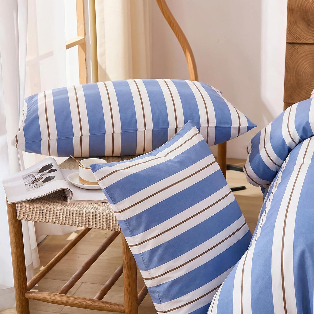 Merryword Blue and White Striped Pillowcases, Standard Size Pillowcases, 100% Cotton Pillow Cases, Soft Breathable Wide Stripes Pillow Cove…