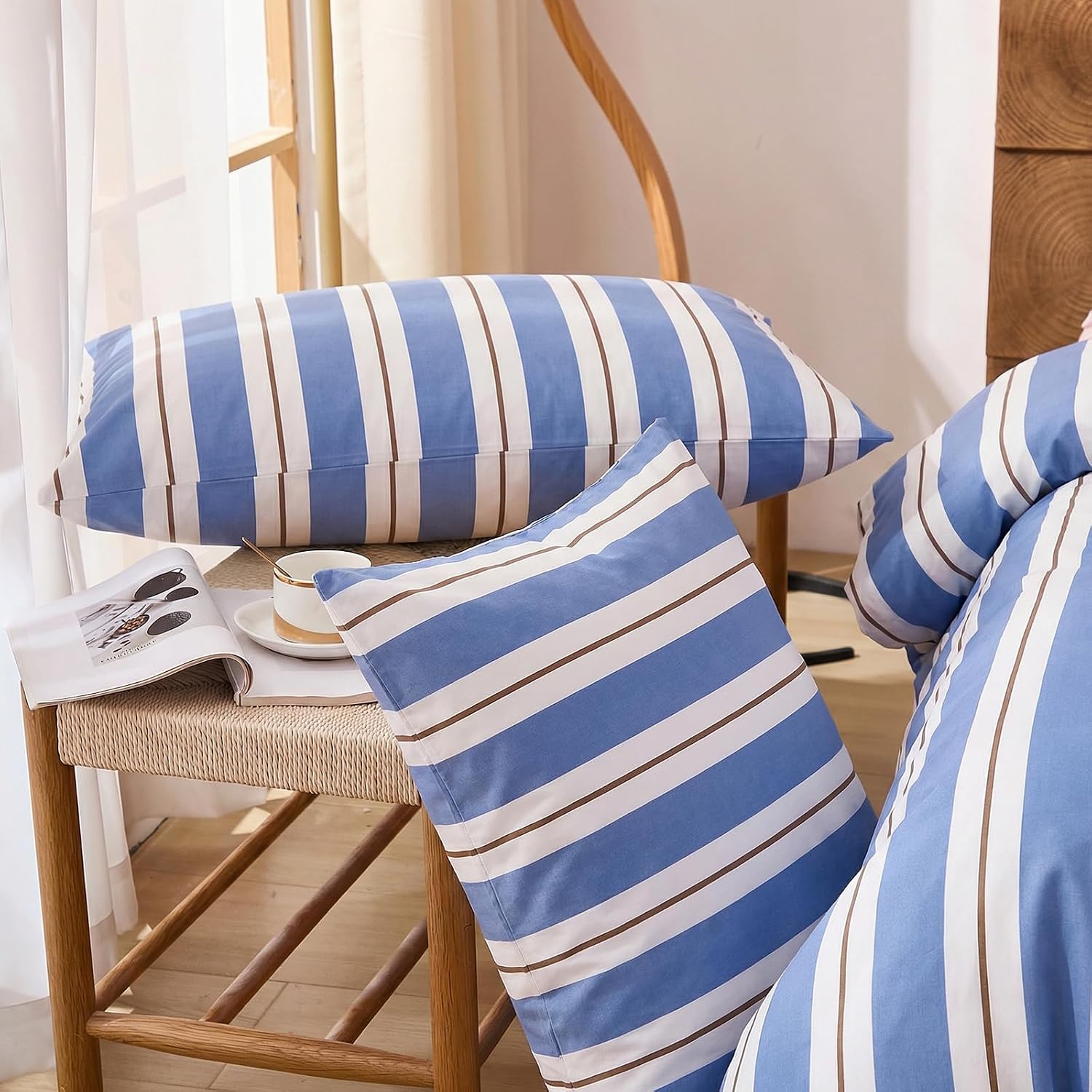 Merryword Blue and White Striped Pillowcases, King Size Pillowcases, 100% Cotton Pillow Cases, Soft Breathable Wide Stripes Pillow Covers,…