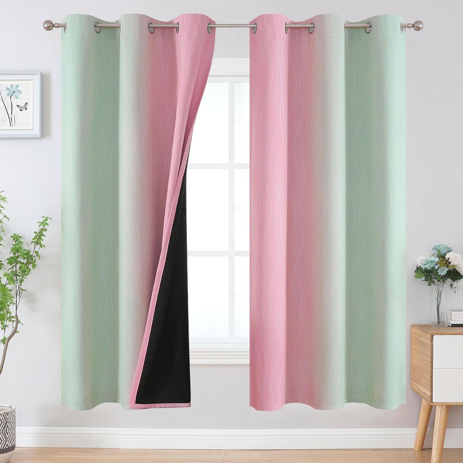 Estelartextiler Estelar Textiler Sage Green and Pink Ombre Blackout Curtains 72 Inches Length for Bedroom, Thermal Insulated Light Blocking…