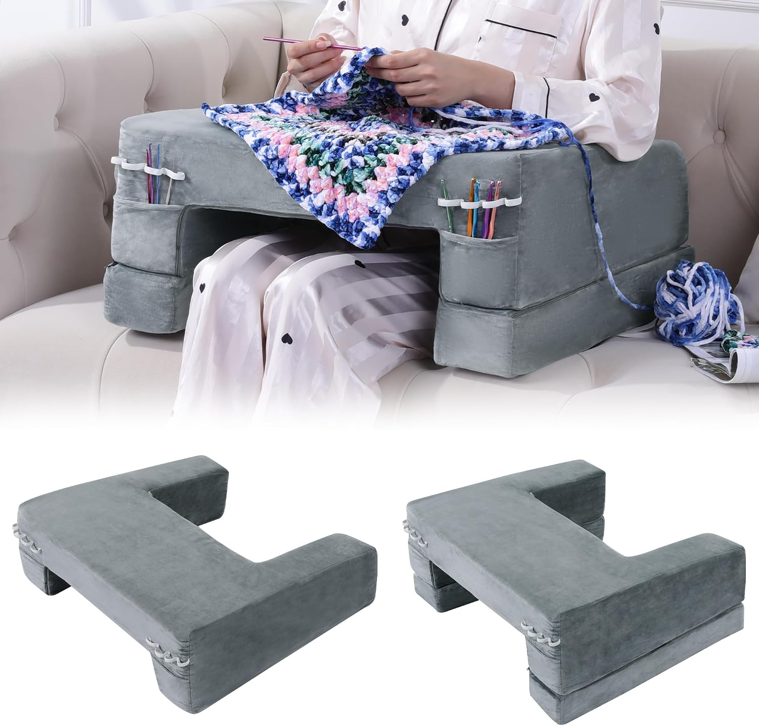 Hombys Adjustable Foam Crochet Pillow for Lap Support, Soft Velvet Reading & Gaming Pillow with Side Pocket and Elastic Band, Desk Pillow f…