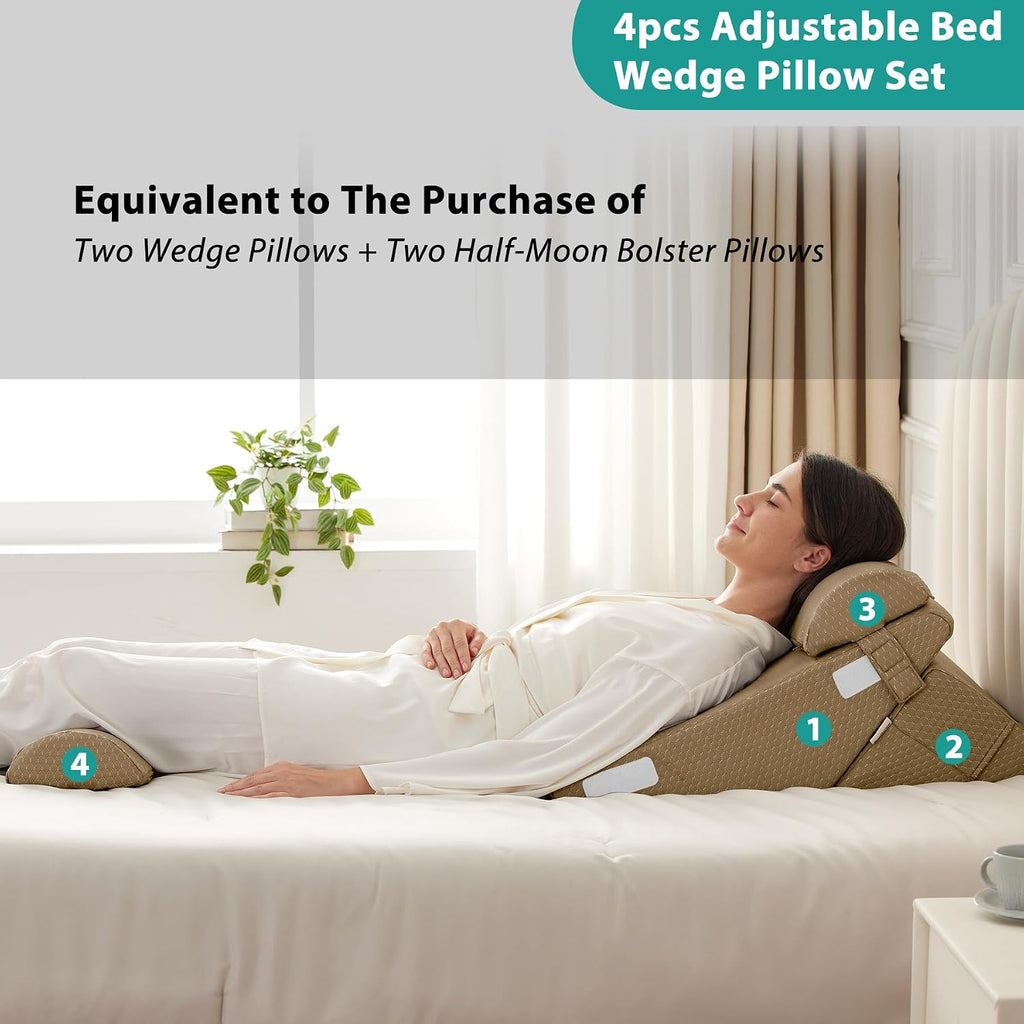 Bedluxe Adjustable 4pcs Bed Wedge Pillow Set, Memory Foam Wedges Pillow Post Surgery for Back, Neck, Leg, Pillows Wedge for Sleeping, Sitt…