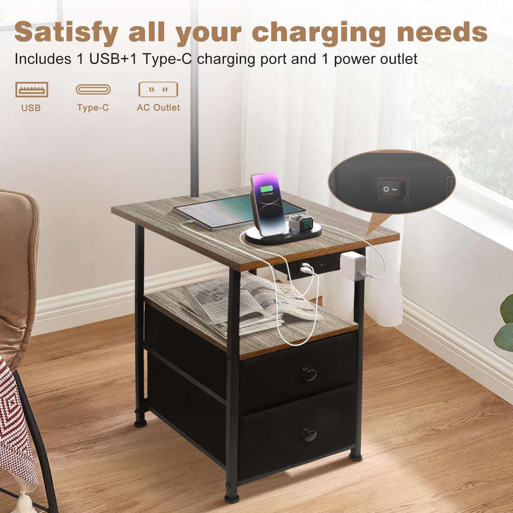 PESRAE Floor Lamp with Table & 2 Drawers, End Table with 3 Color Temperature Reading Light, Side Table Lamp with USB & Type C & AC…