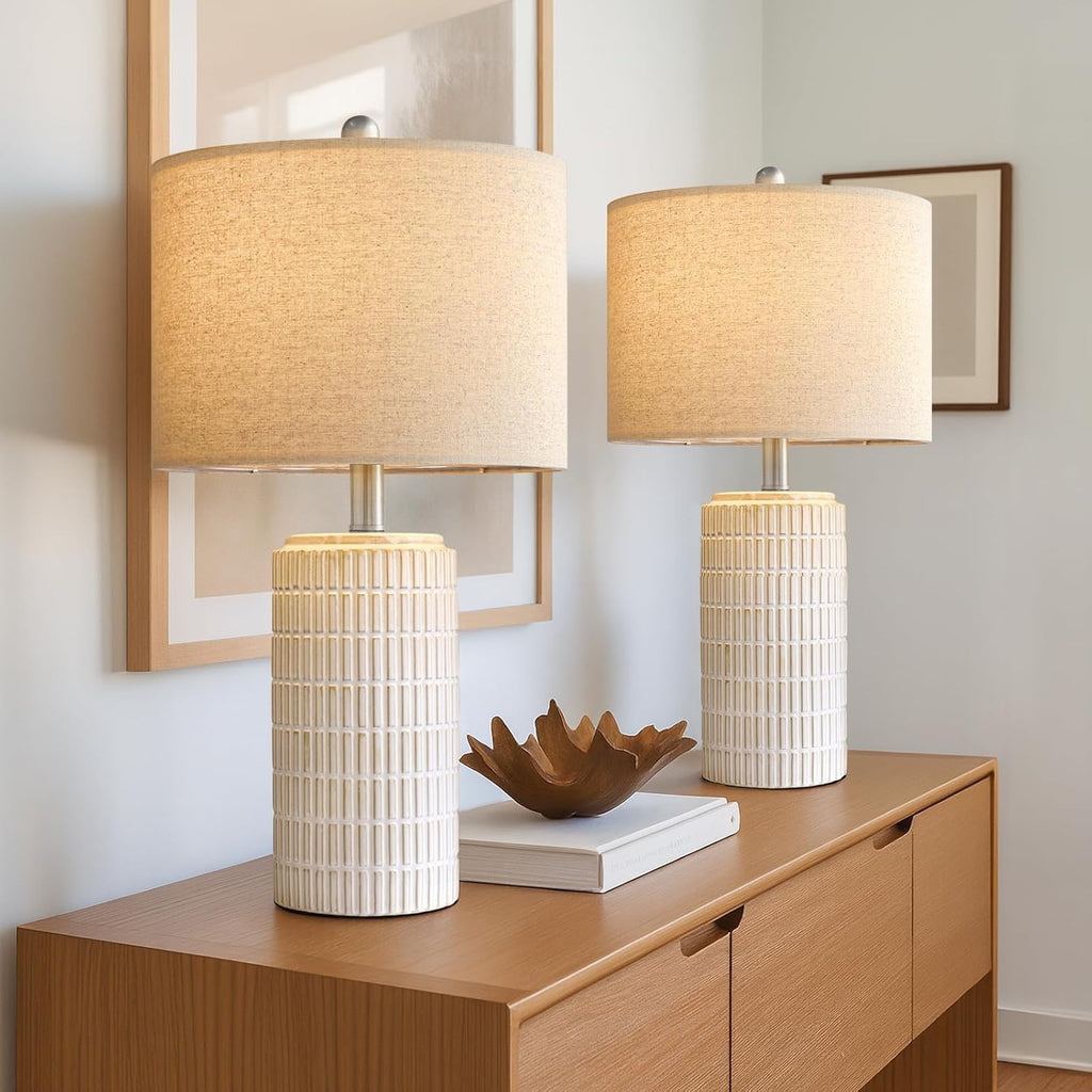 PoKat 24" Modern Ceramic Table Lamps Set of 2 for Bedroom, White Bedside Lamps for Night Stands, Farmhouse Desk Decor Nightstand Table…