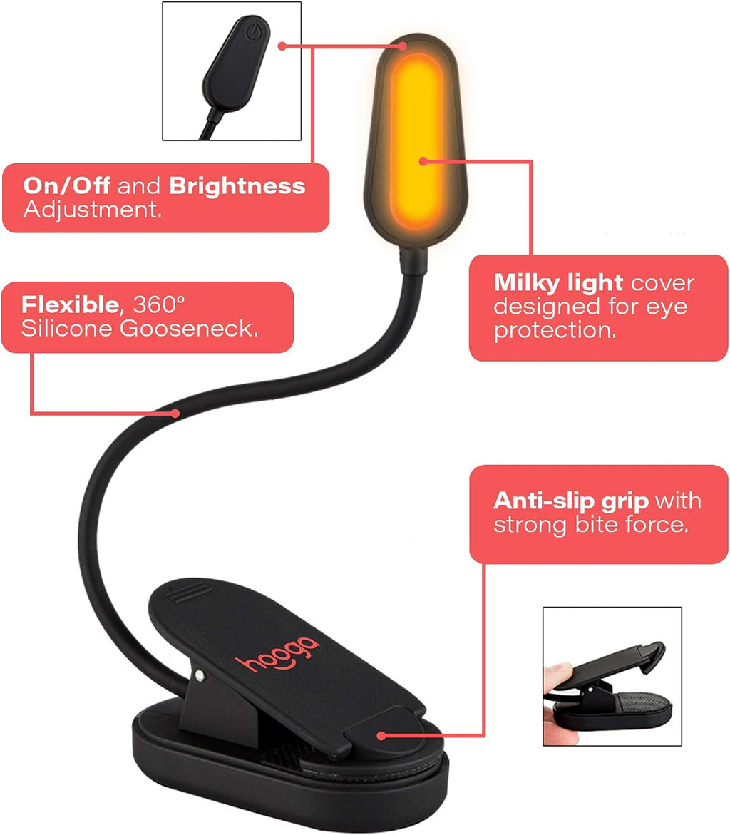 Hooga Amber Book Light, Rechargeable Clip-On Blue Light Blocking LED Reading Light, 1600K Warm Eye comfort for Bed, Students, Kids…
