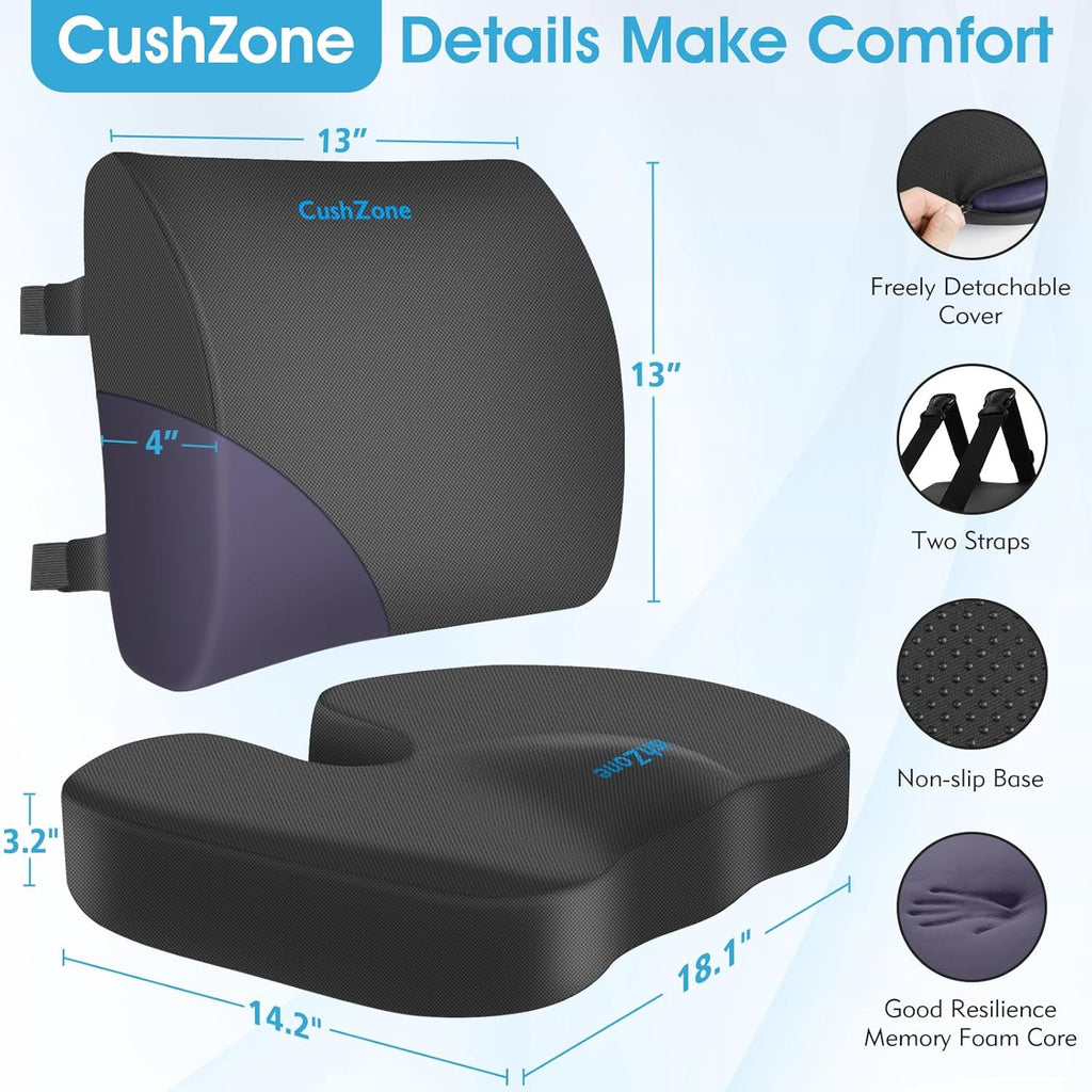 CushZone Seat Cushion, Lumbar Support Pillow with Adjustable Strap-Chair Cushions for Sciatica -with Washable Cover Memory Foam for Car, Tr…