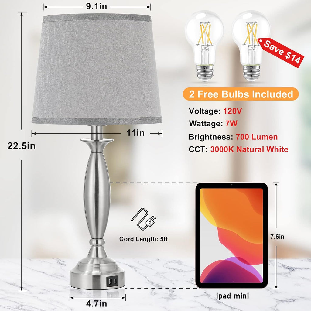 Seealle Lamps for Bedrooms - Touch Control Bedside Lamp with USB C+A, 3 Way Dimmable Nightstand Lamps with USB Port, Brushed Nickel Table…